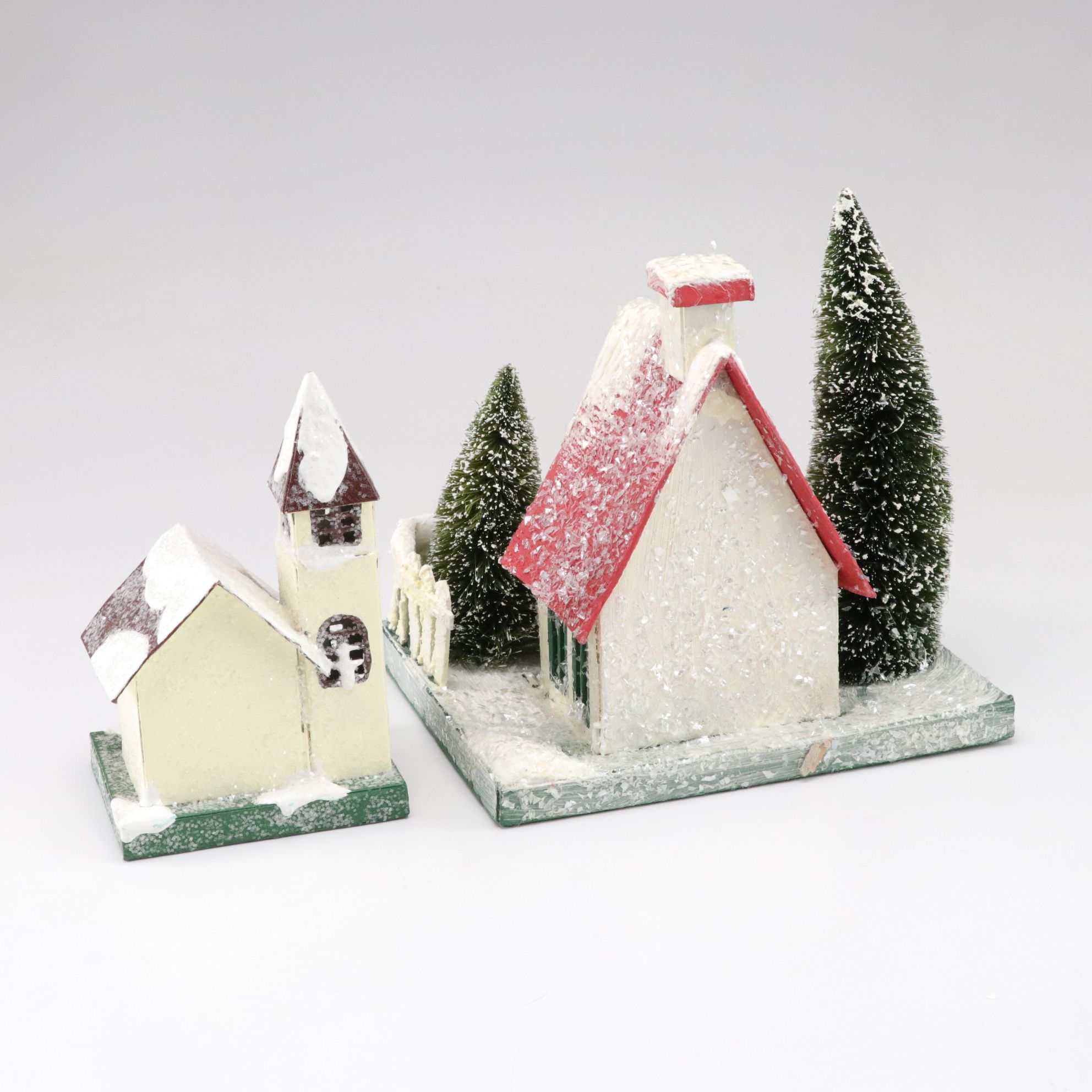 Putz Style Christmas Village Houses with Frosted Tree Decor