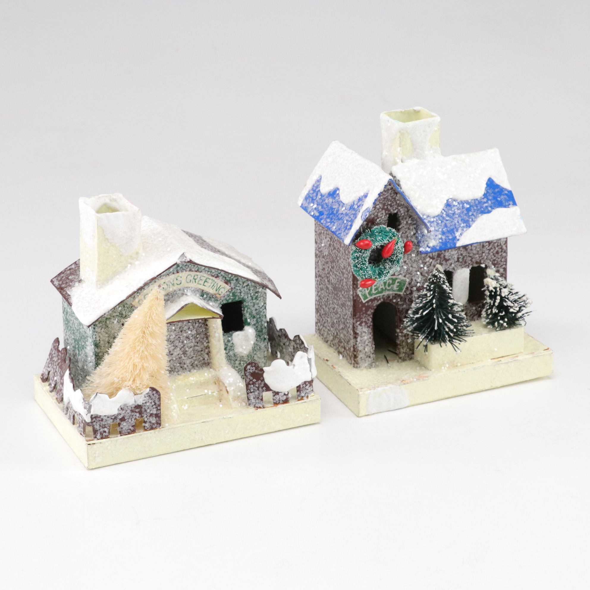 Putz Style Christmas Village Houses with Frosted Tree Decor