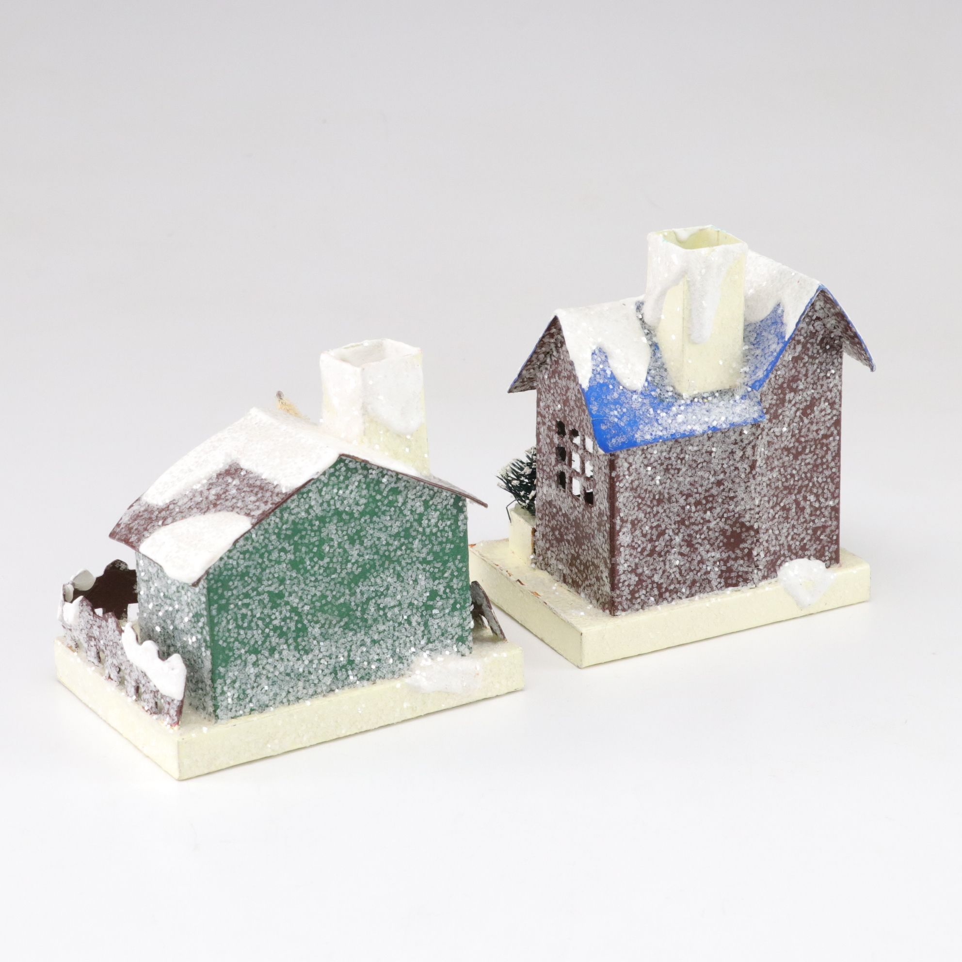 Putz Style Christmas Village Houses with Frosted Tree Decor