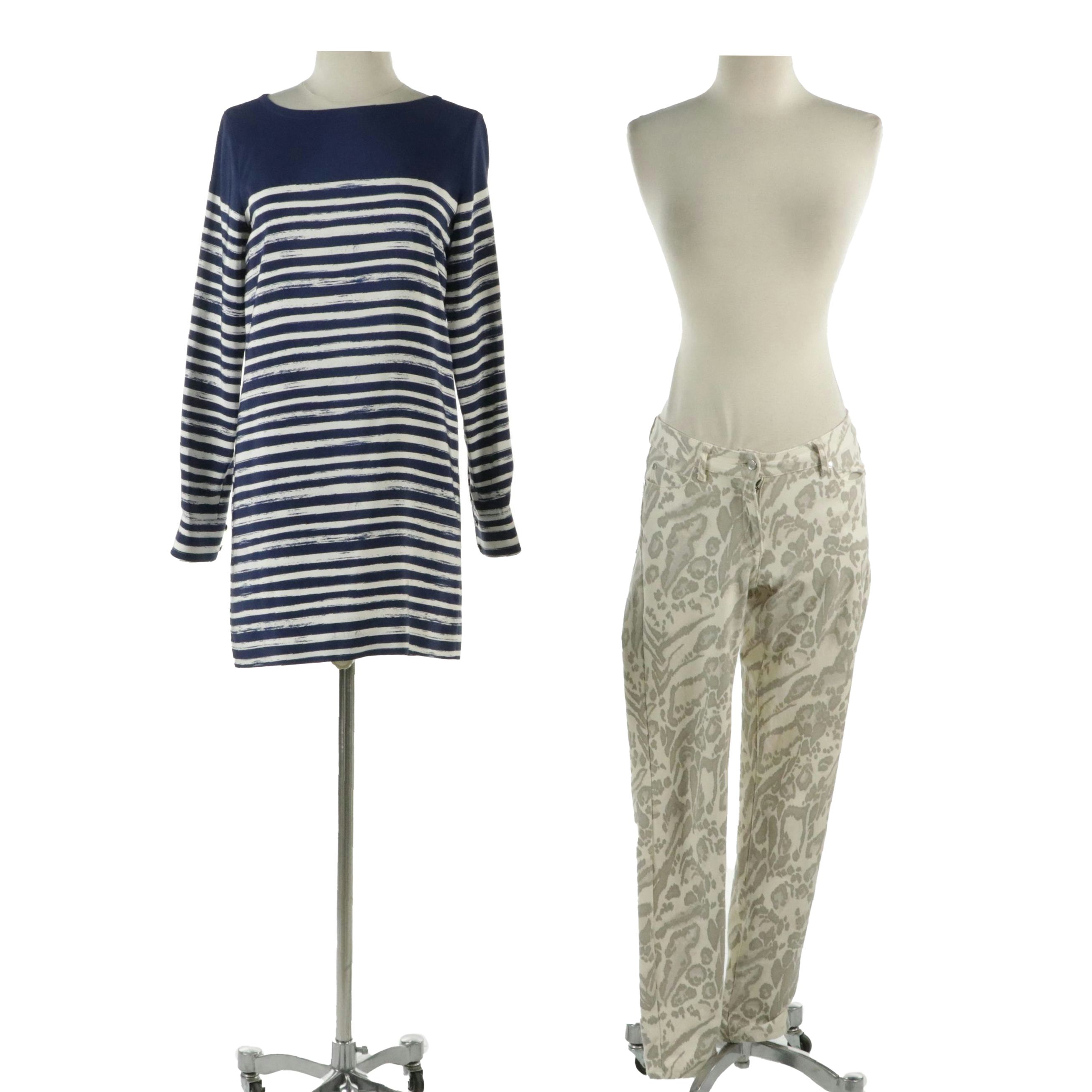 Vince. Silk Long Sleeve Shift Dress and J. McLaughlin Printed Denim Jeans