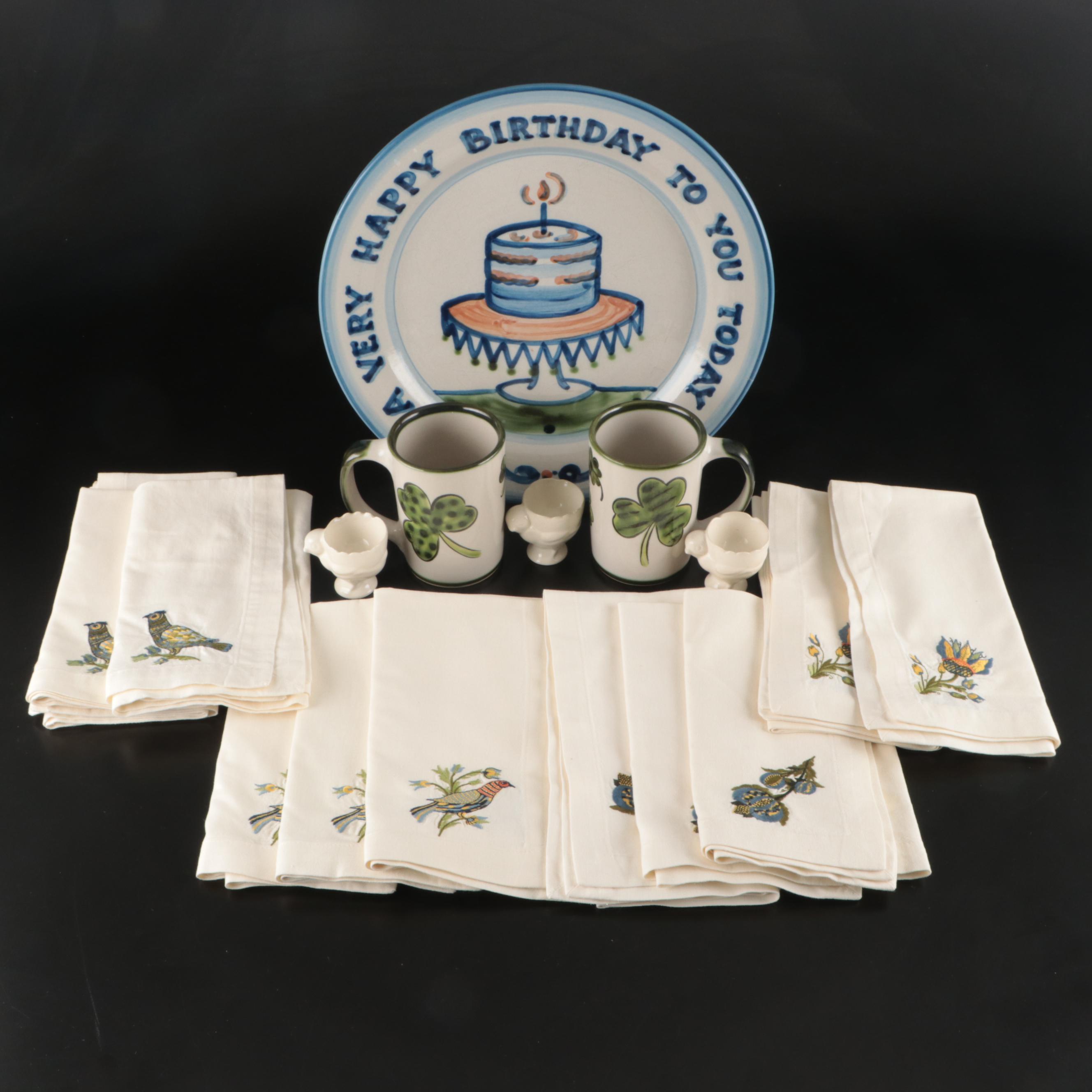 Williams-Sonoma Embroidered Cotton Table Linens with Ceramic Cups and Charger
