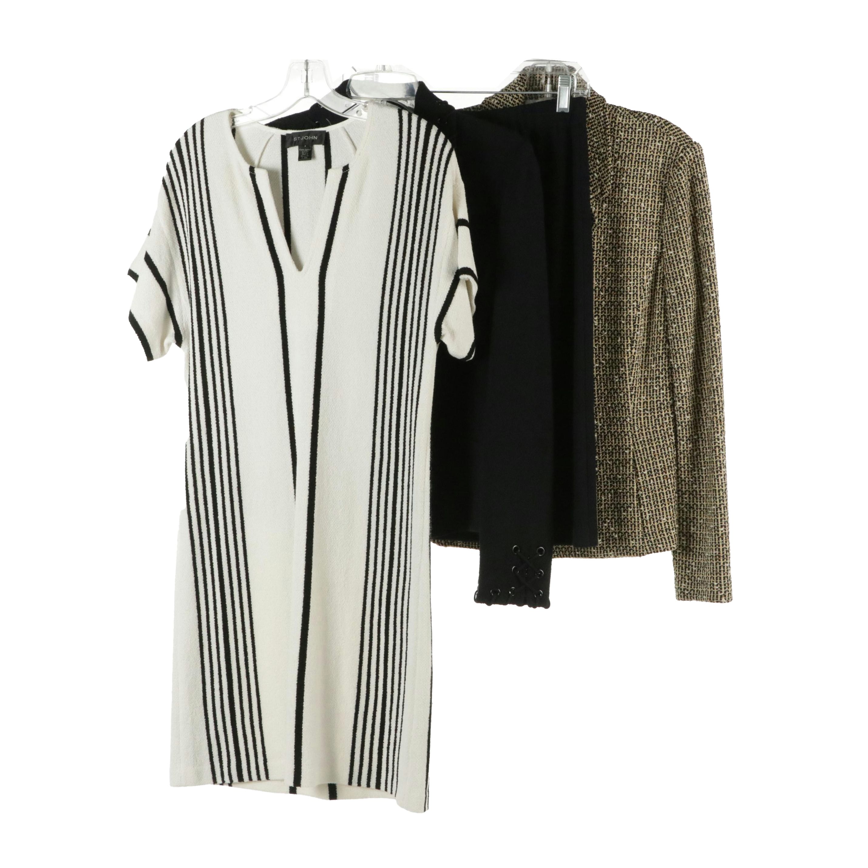 St. John Knit Button-Front Jacket, V-Neck Short Sleeve Dress, and Skirt Suit