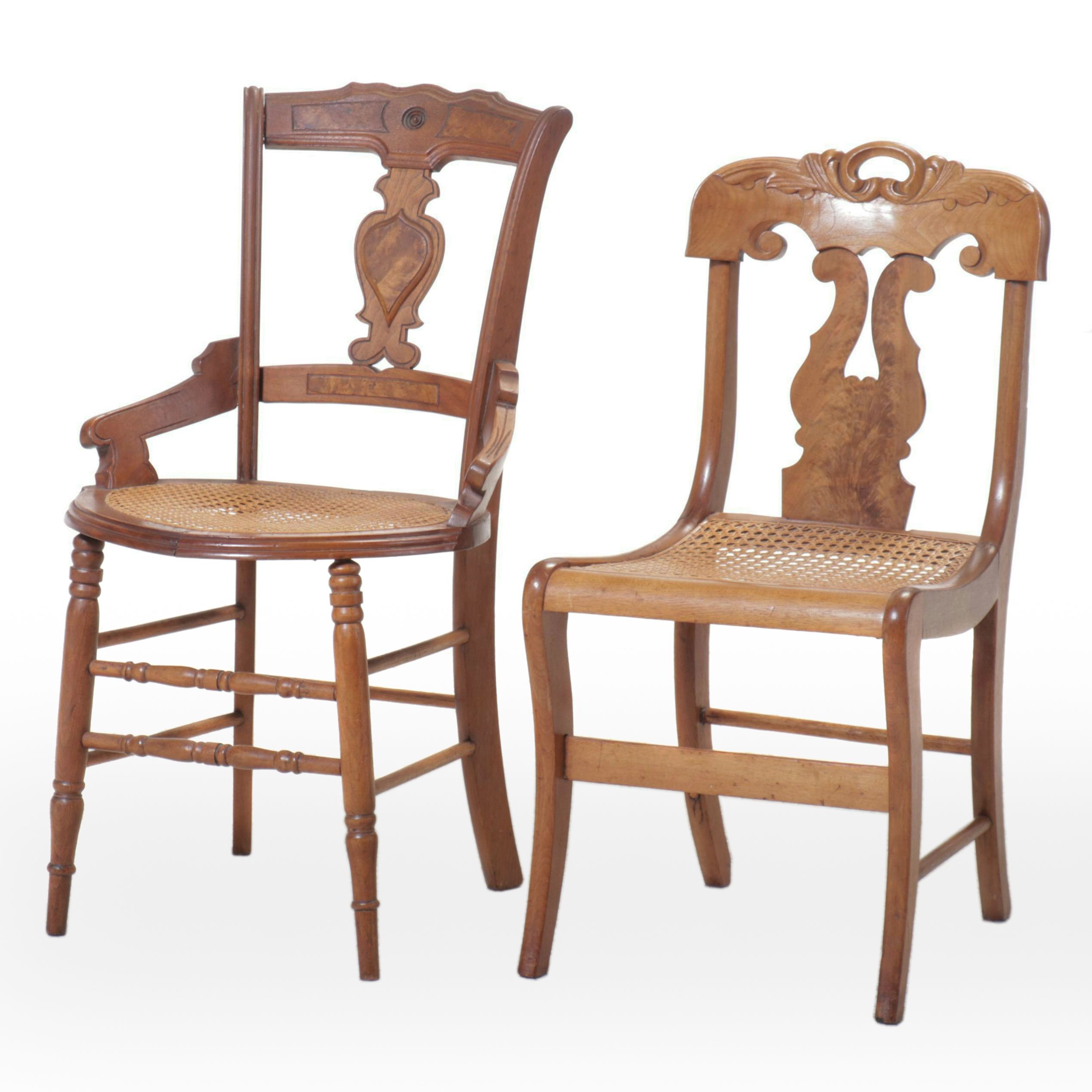 Burl Wood Accented Side Chair and Armchair with Cane Seats