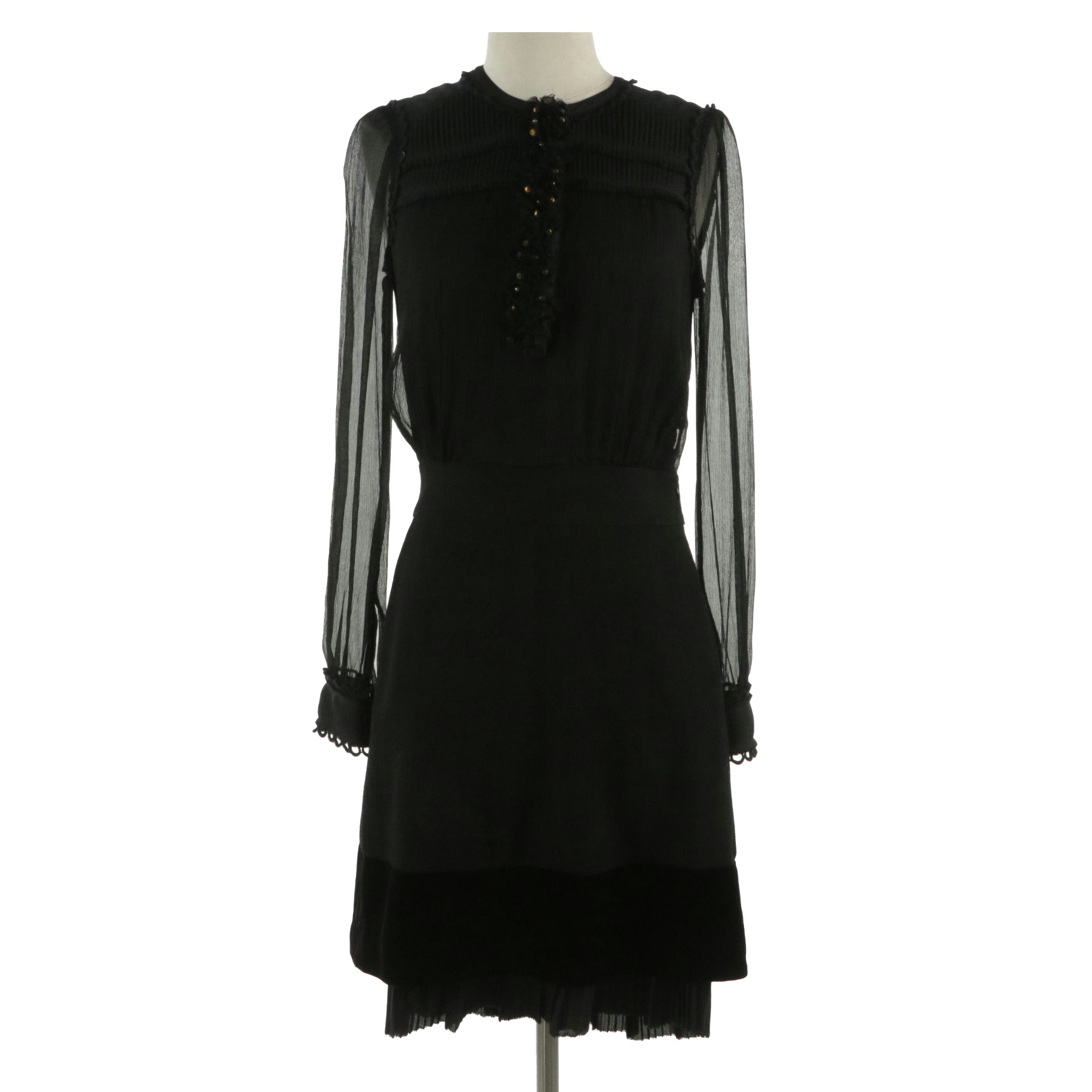 Tory Burch Black Silk and Wool Blend Knit Long Sleeve Cocktail Dress