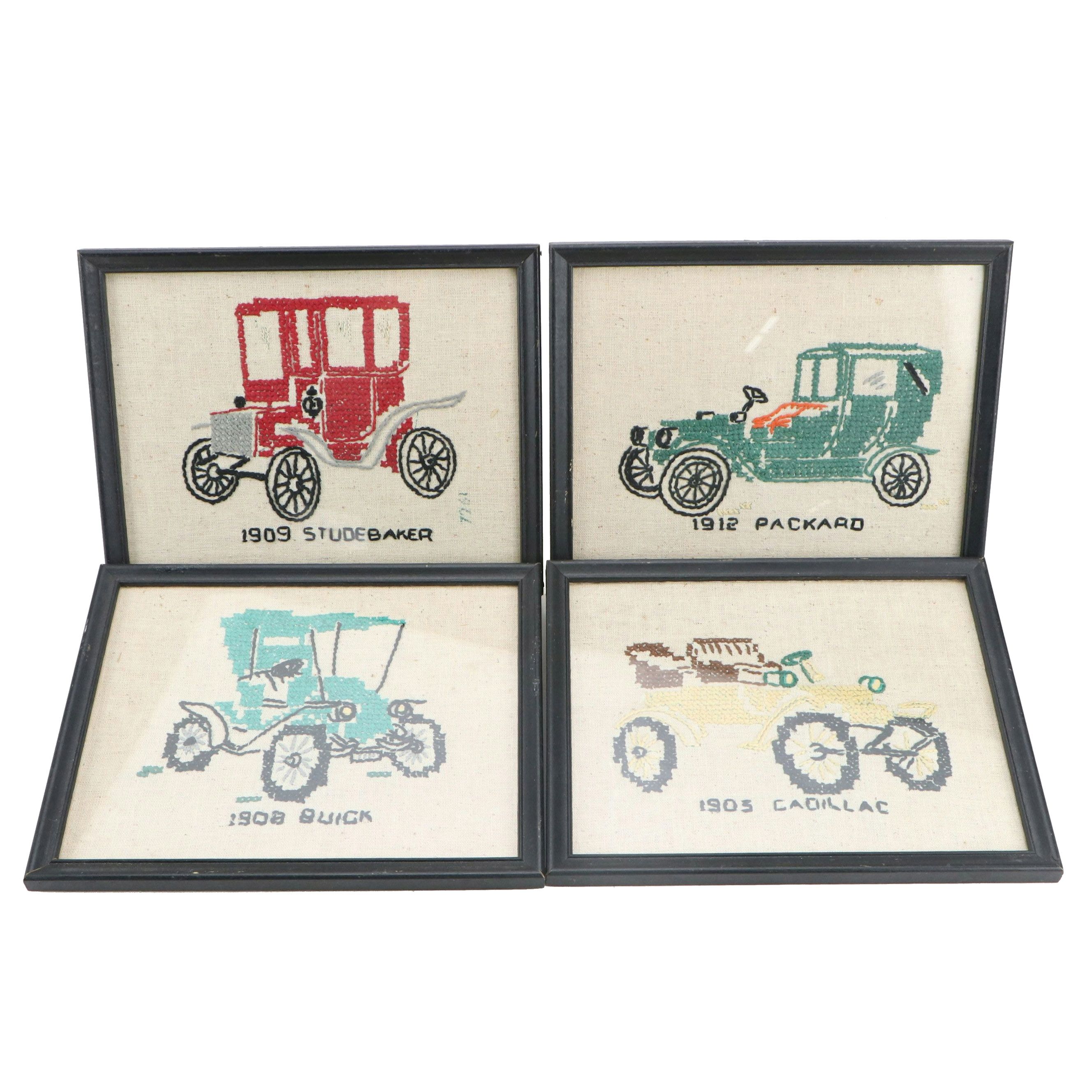 Handmade Cross-Stitch Panels of Antique Automobiles, Mid to Late 20th Century