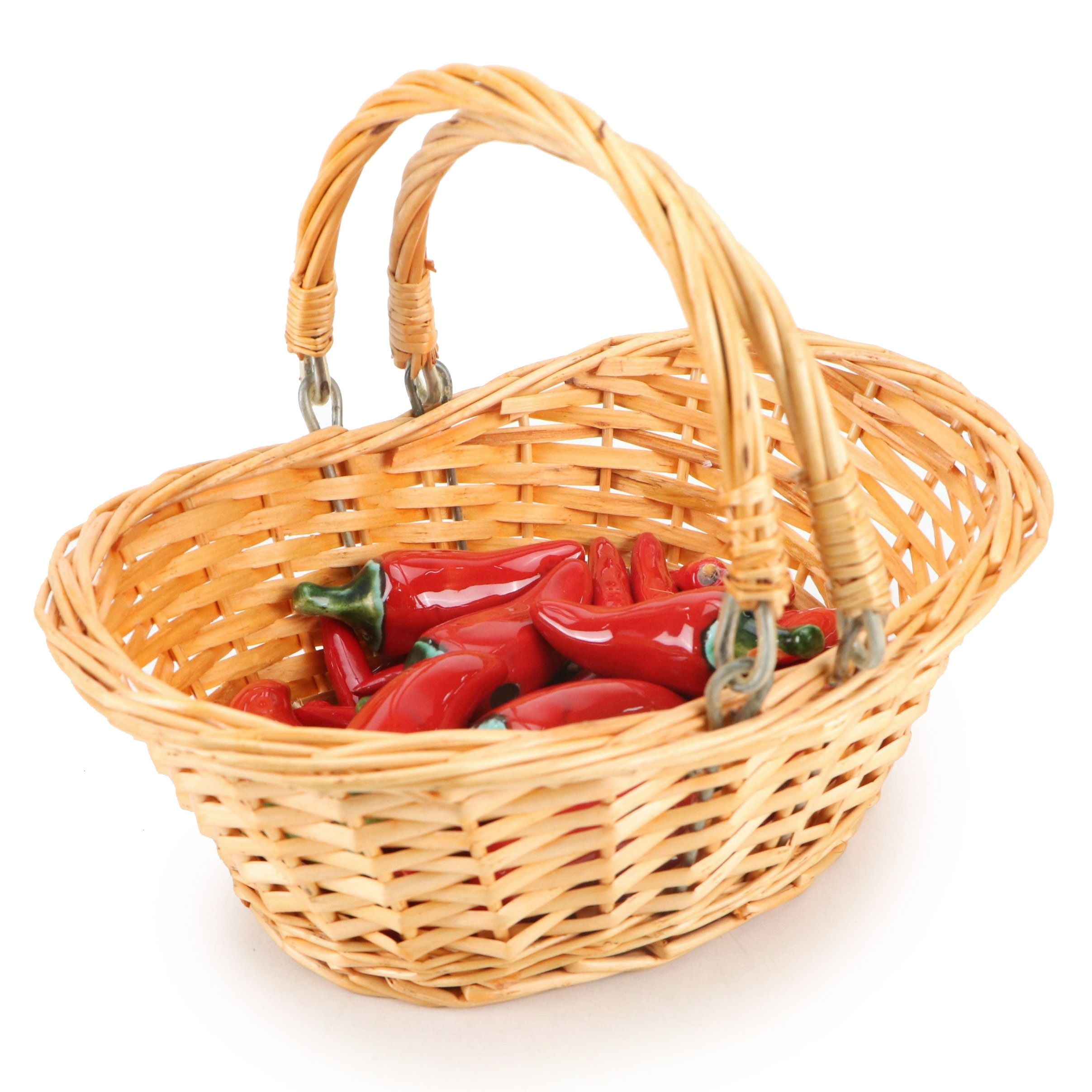 Southwestern Style Red Ceramic Chili Peppers with Woven Wicker Basket