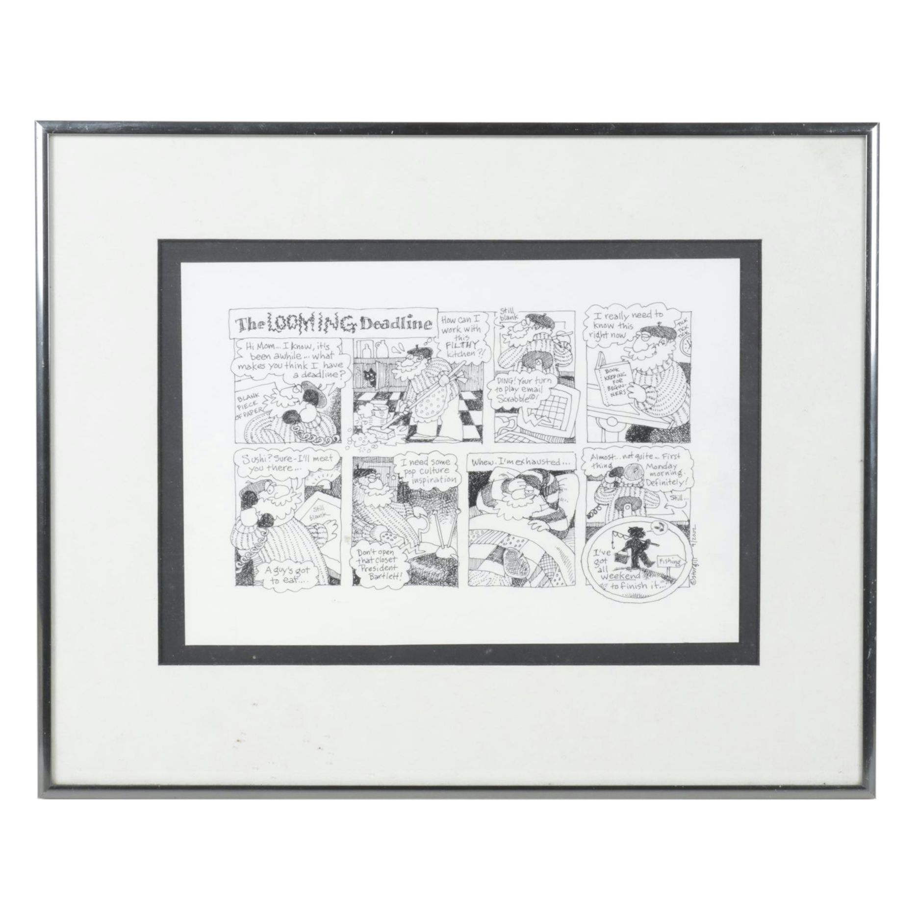 Susan Sturgill Etching of Comic "The Looming Deadline," 2002