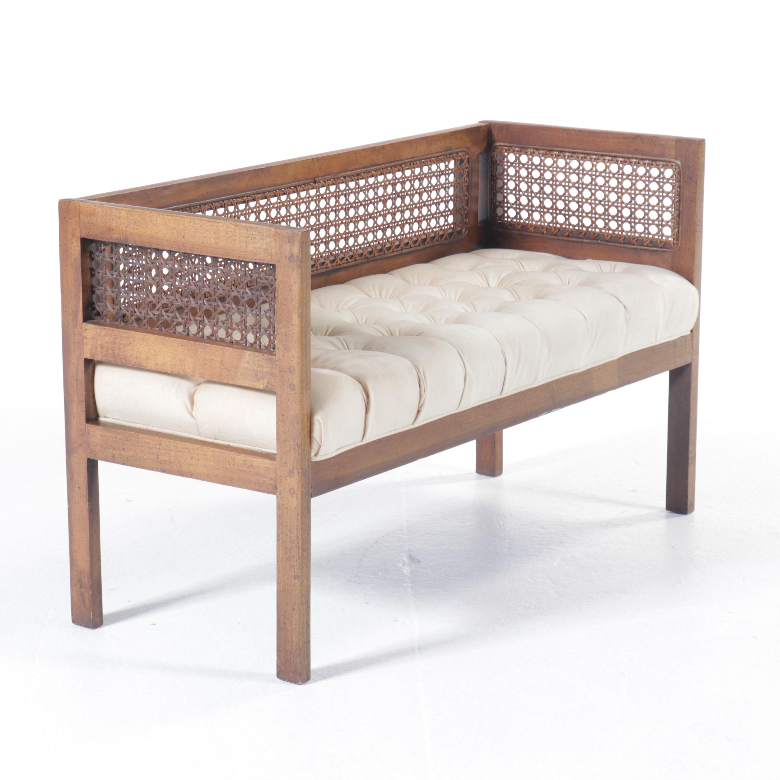 Regency Style Tufted Bench with Cane Siding, Mid to Late 20th Century