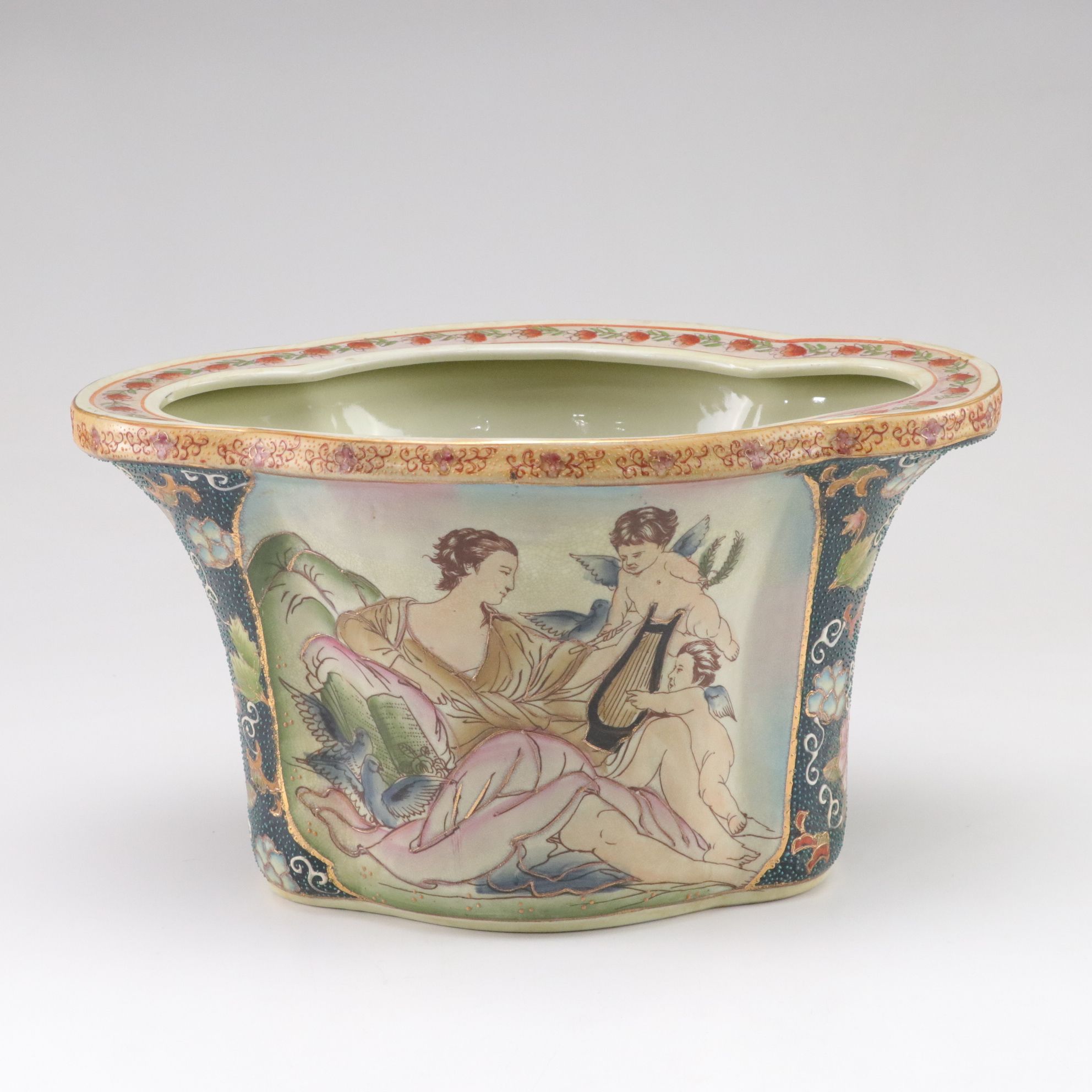 Ceramic With Moriage Hand-Painted Gilt Planter Depicting Cherubs