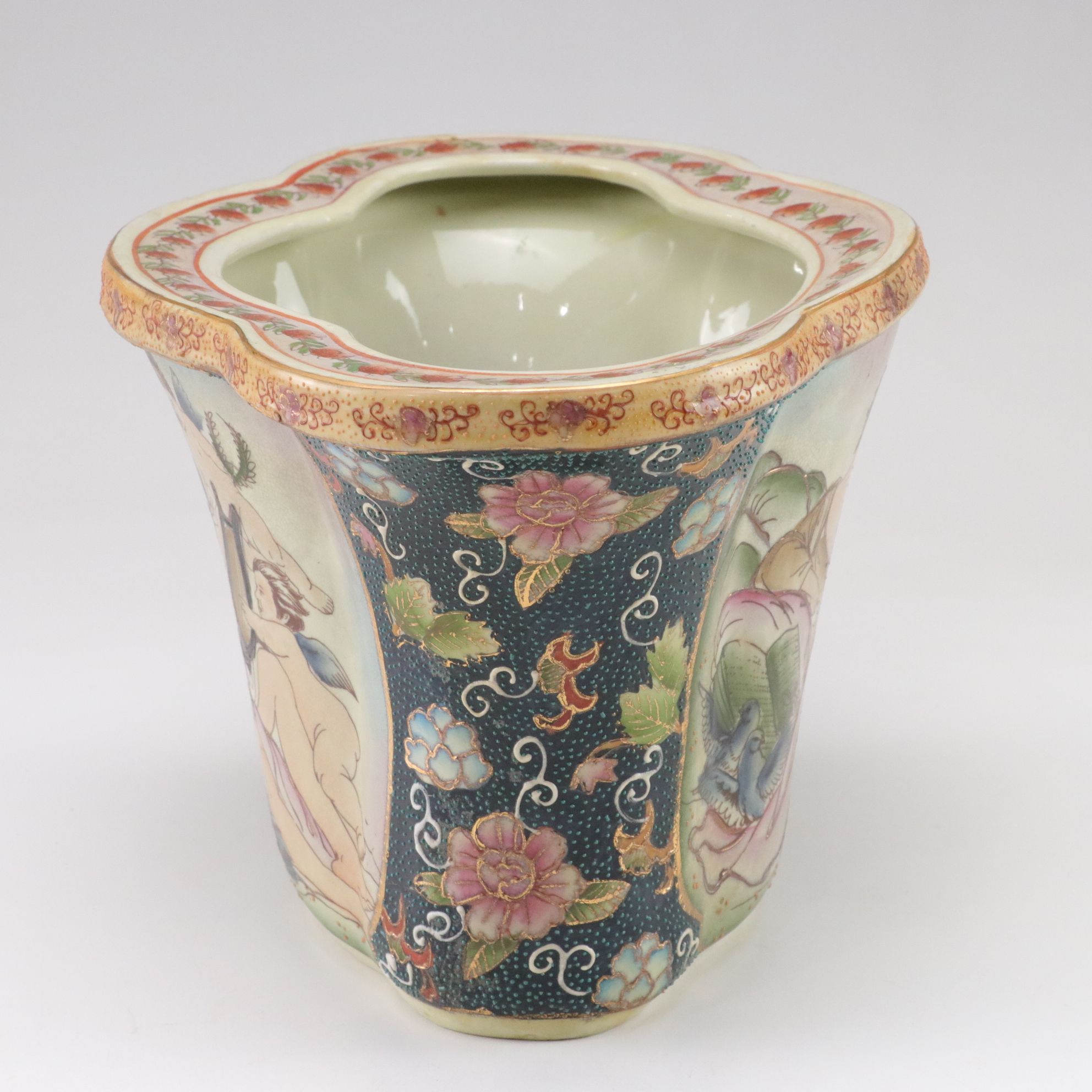 Ceramic With Moriage Hand-Painted Gilt Planter Depicting Cherubs