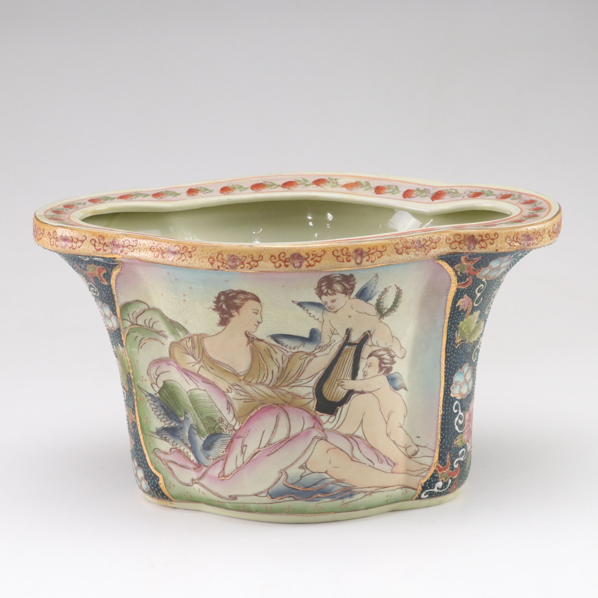 Ceramic With Moriage Hand-Painted Gilt Planter Depicting Cherubs
