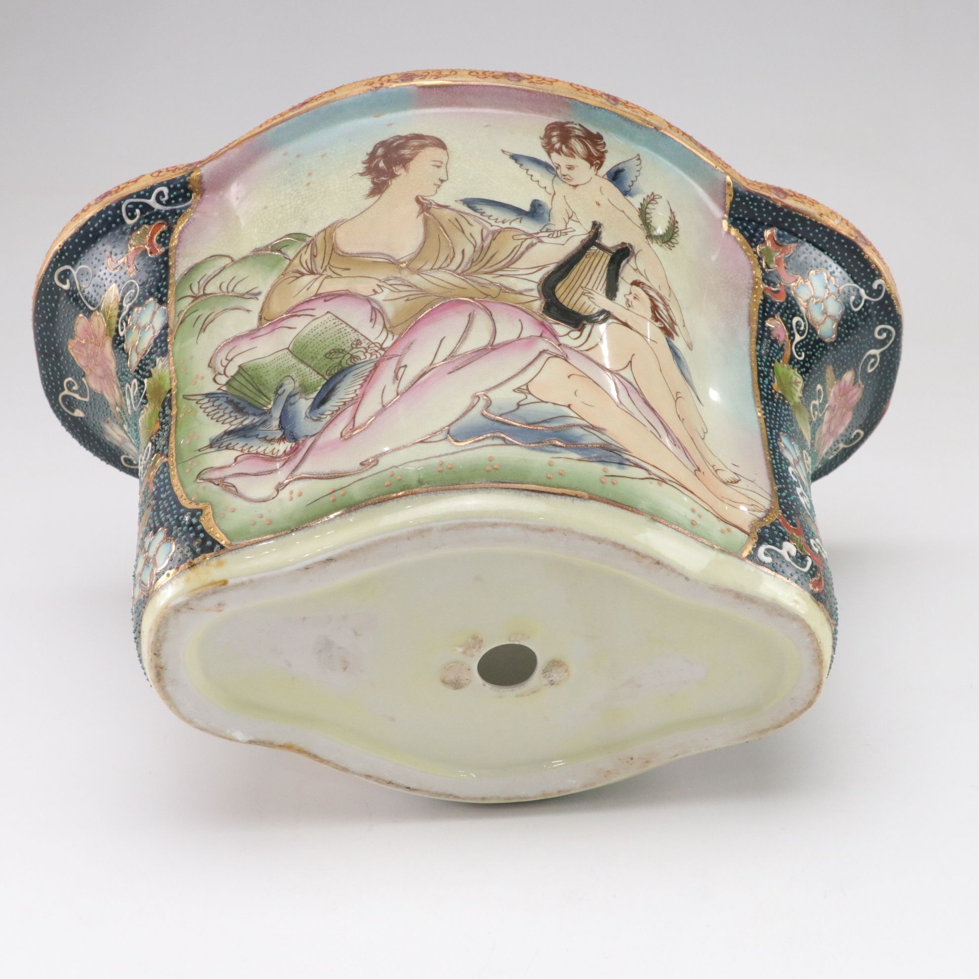 Ceramic With Moriage Hand-Painted Gilt Planter Depicting Cherubs