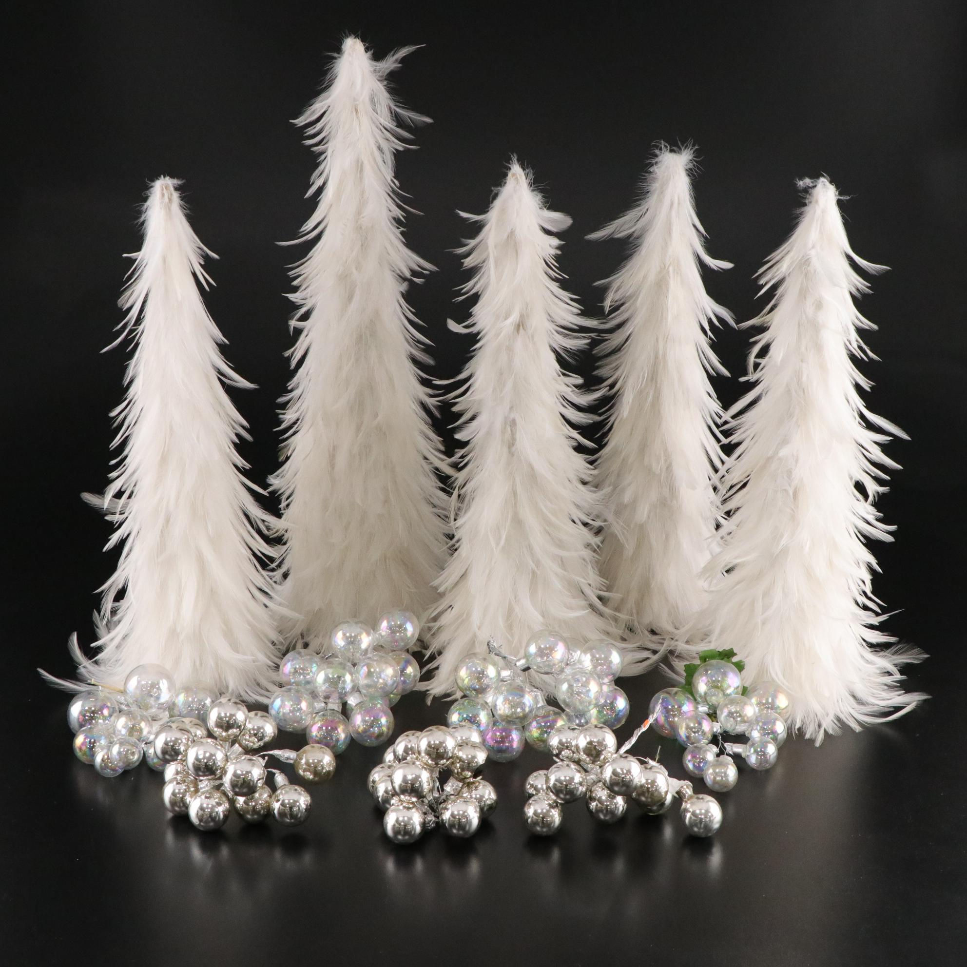 White Feather Tabletop Christmas Trees with Iridescent and Silver Ornaments