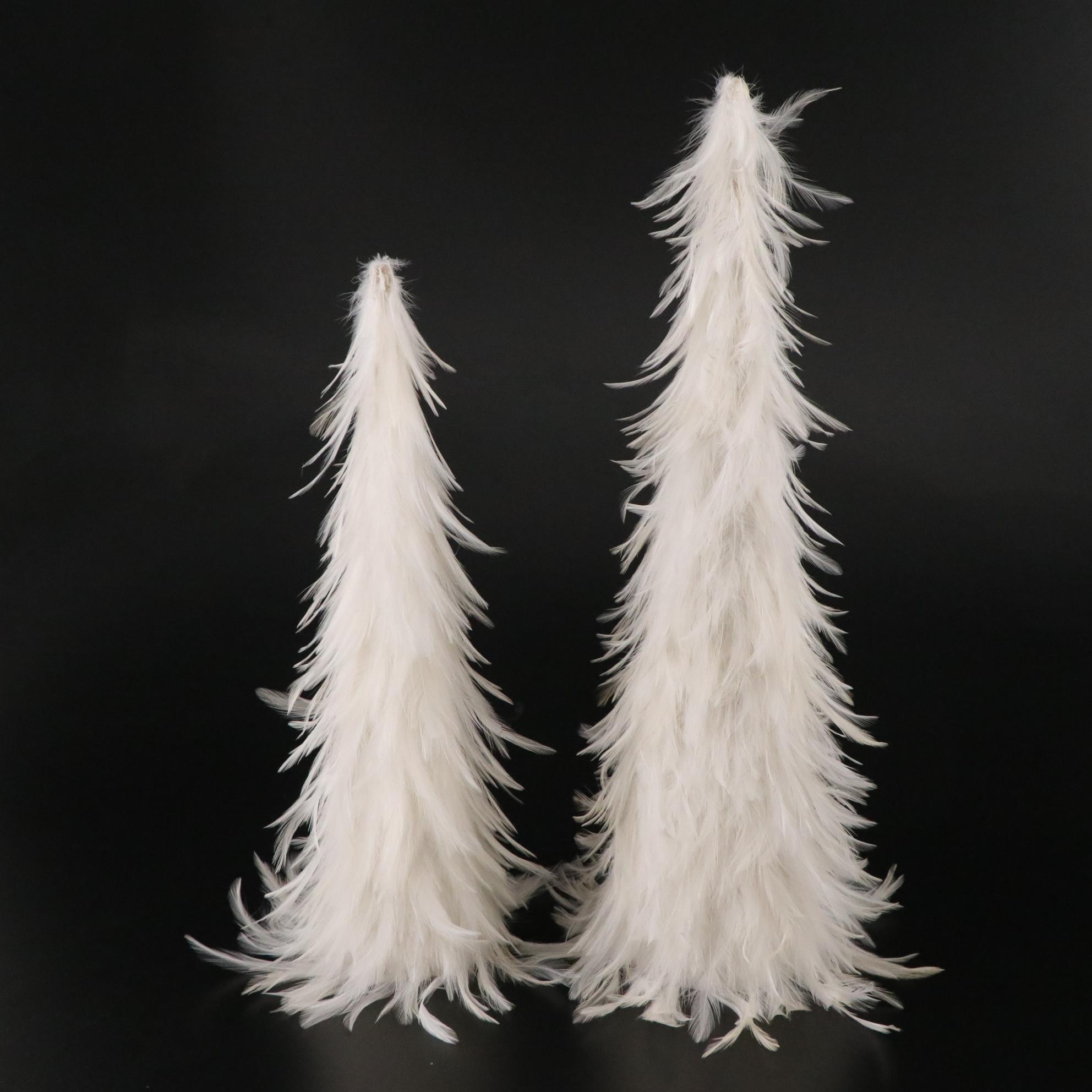 White Feather Tabletop Christmas Trees with Iridescent and Silver Ornaments