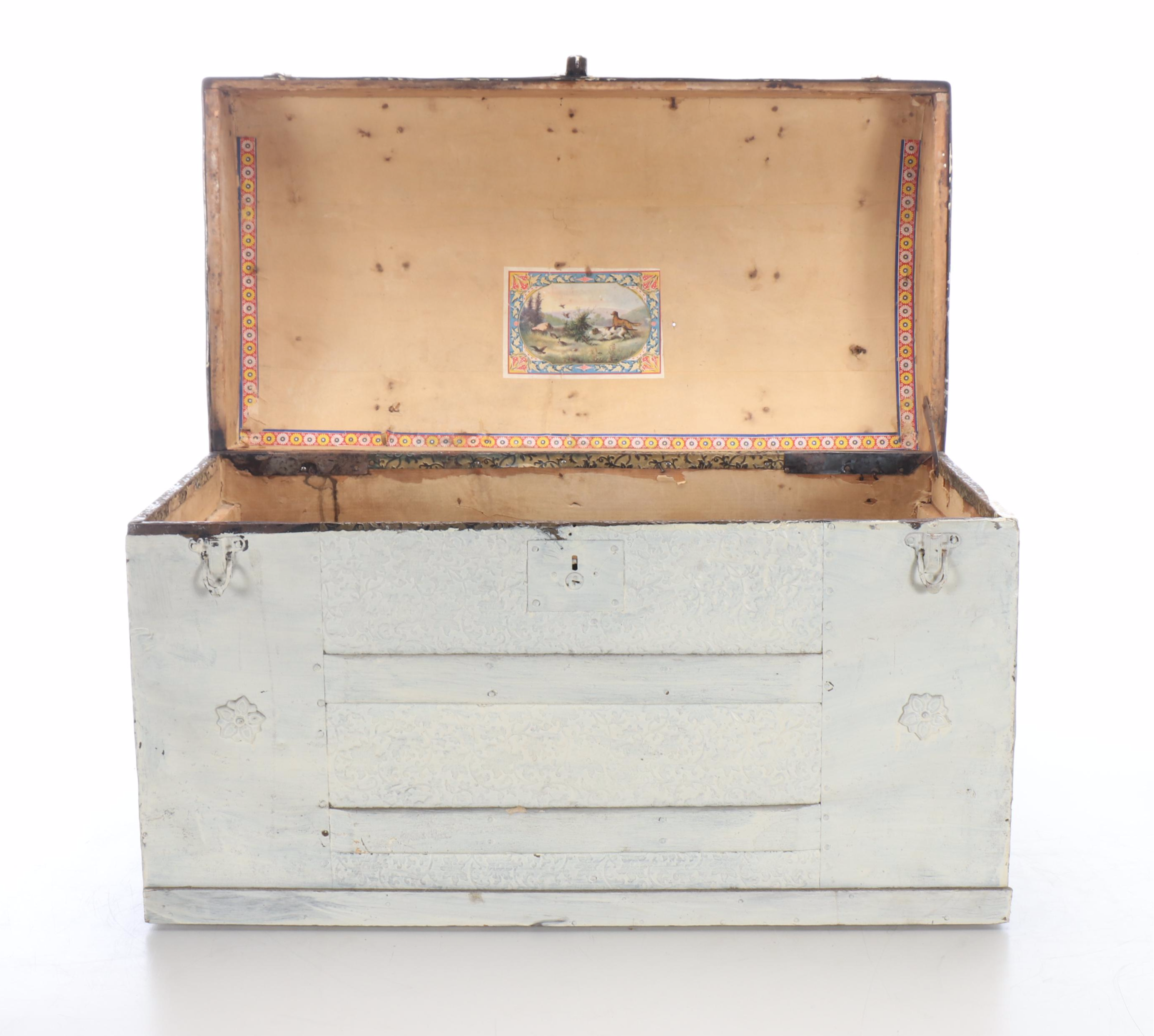 World War II Era Memorabilia Featuring US Army Bags and Photos inside Wood Trunk