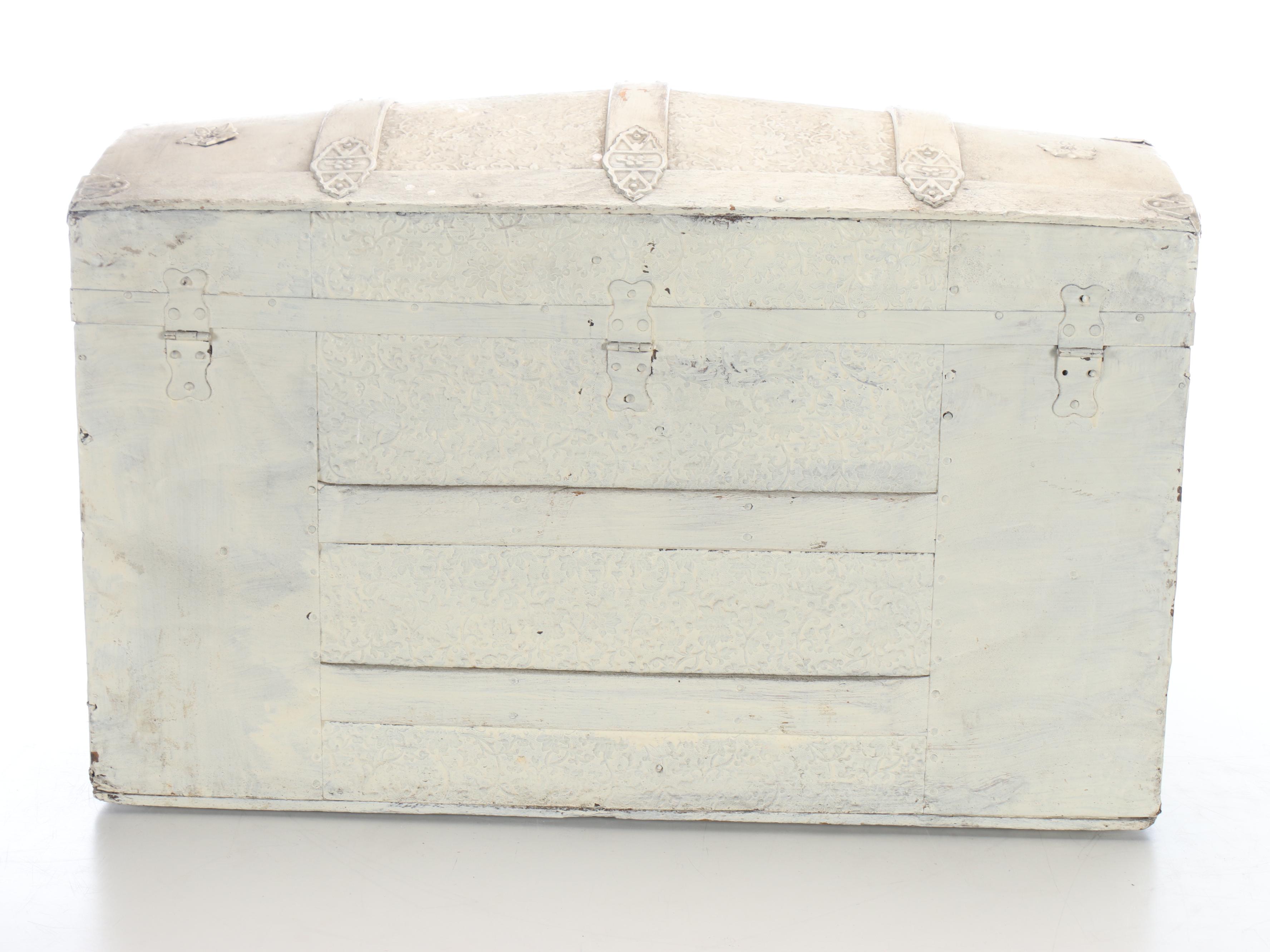 World War II Era Memorabilia Featuring US Army Bags and Photos inside Wood Trunk