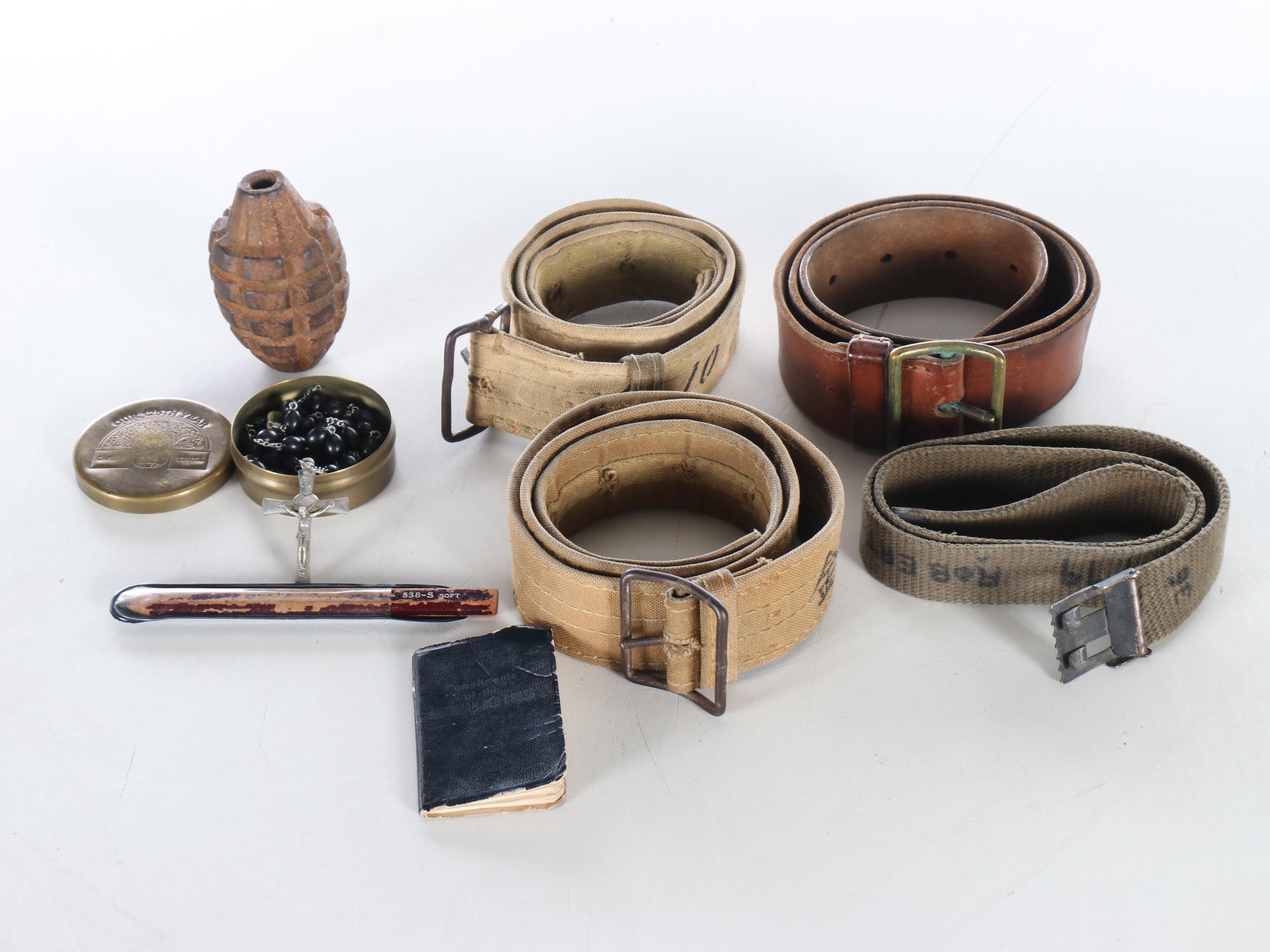 World War II Era Memorabilia Featuring US Army Bags and Photos inside Wood Trunk