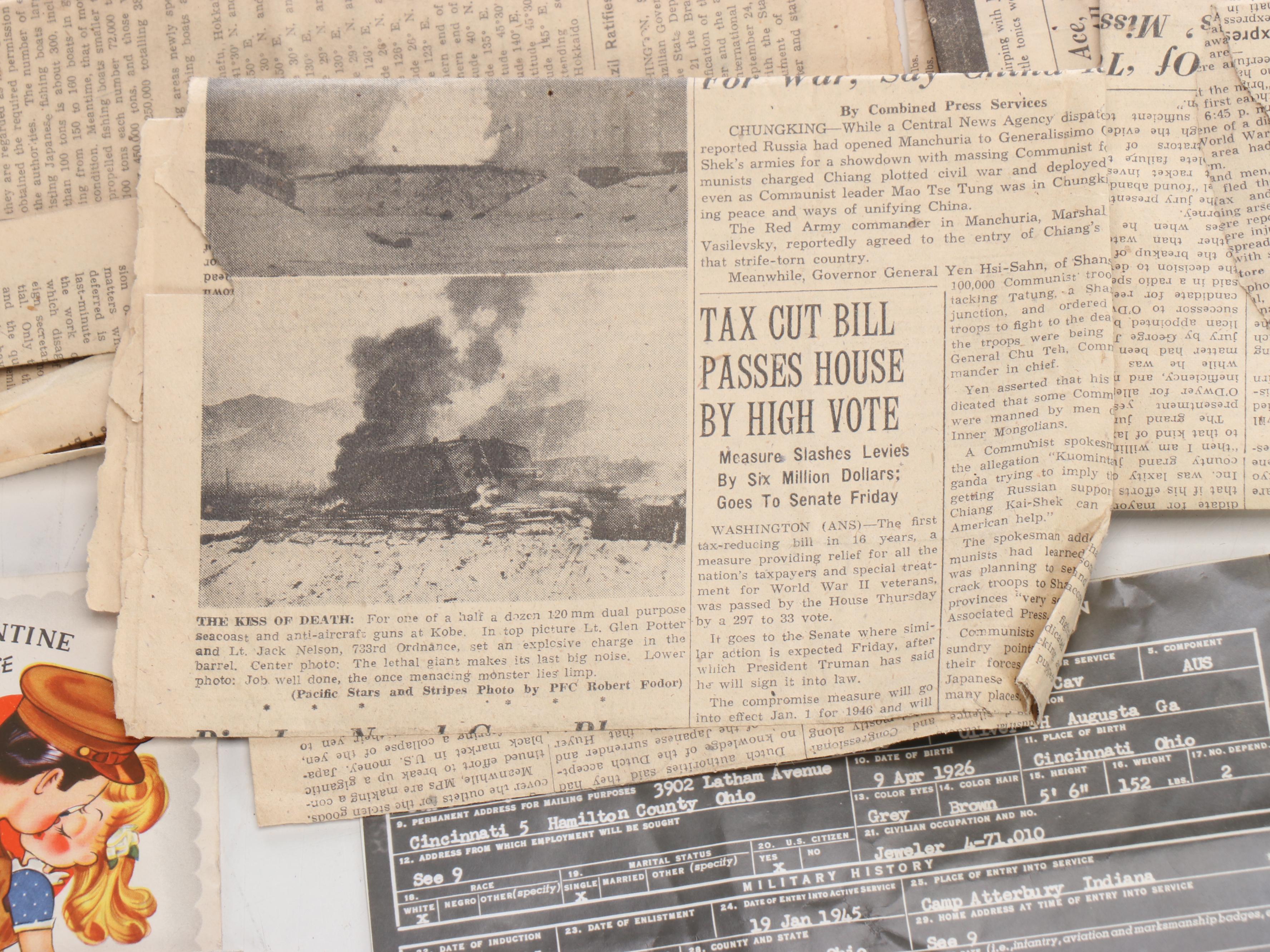 World War II Era Memorabilia Featuring US Army Bags and Photos inside Wood Trunk