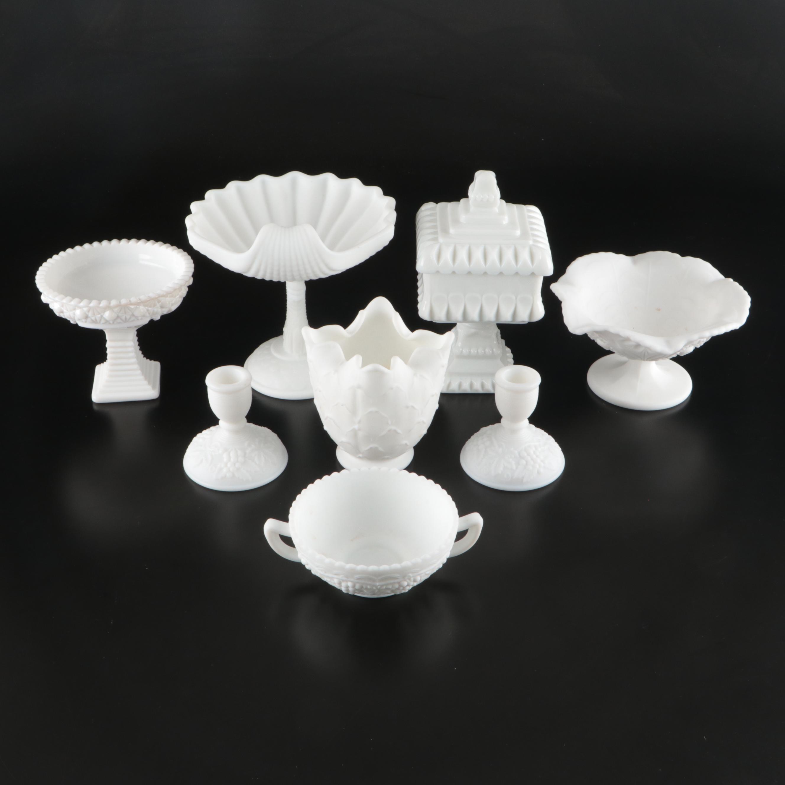 Imperial Milk Glass Seashell Compote, Candy Dishes and Other Pressed Glass Décor