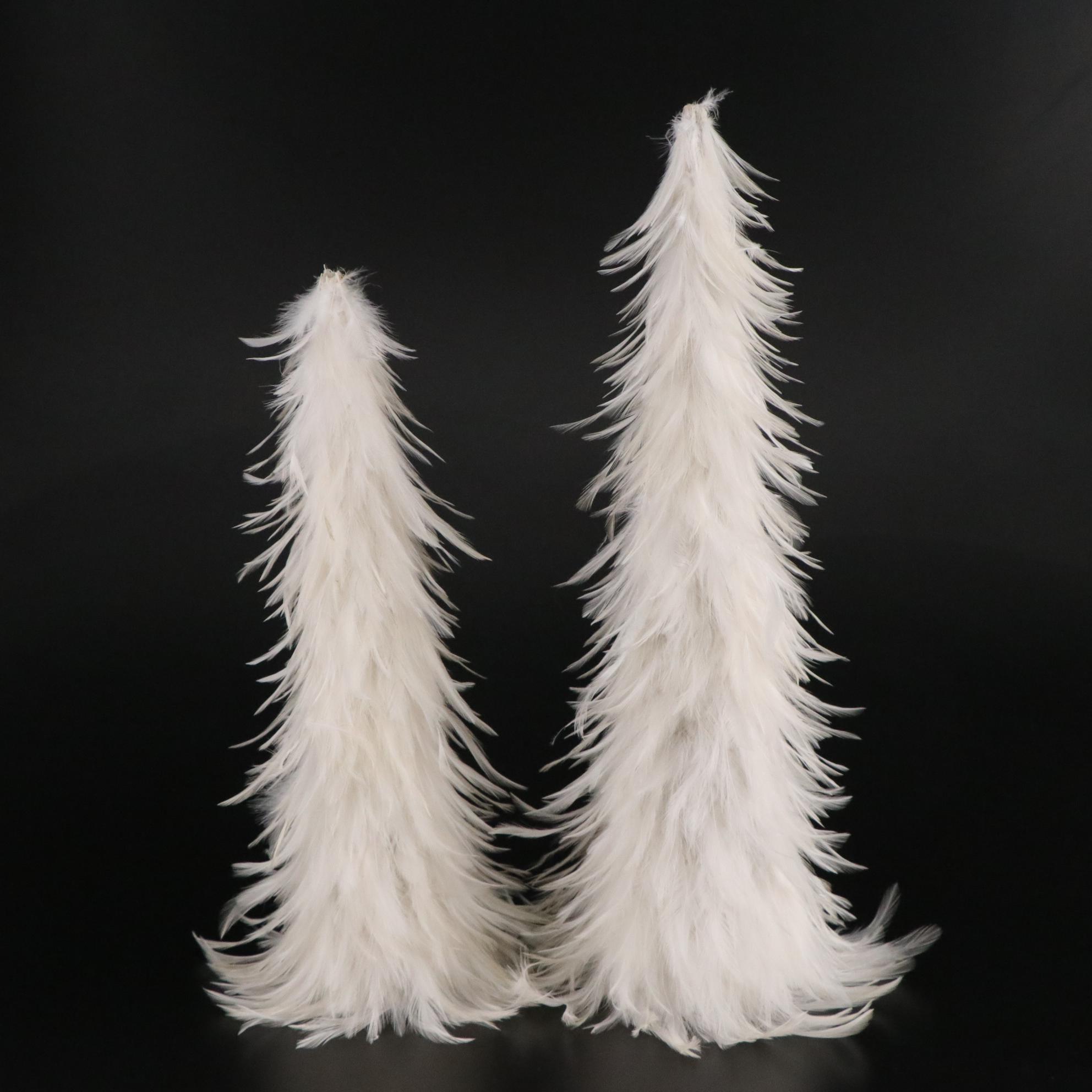 White Feather Tabletop Christmas Trees with Iridescent and Silver Ornaments