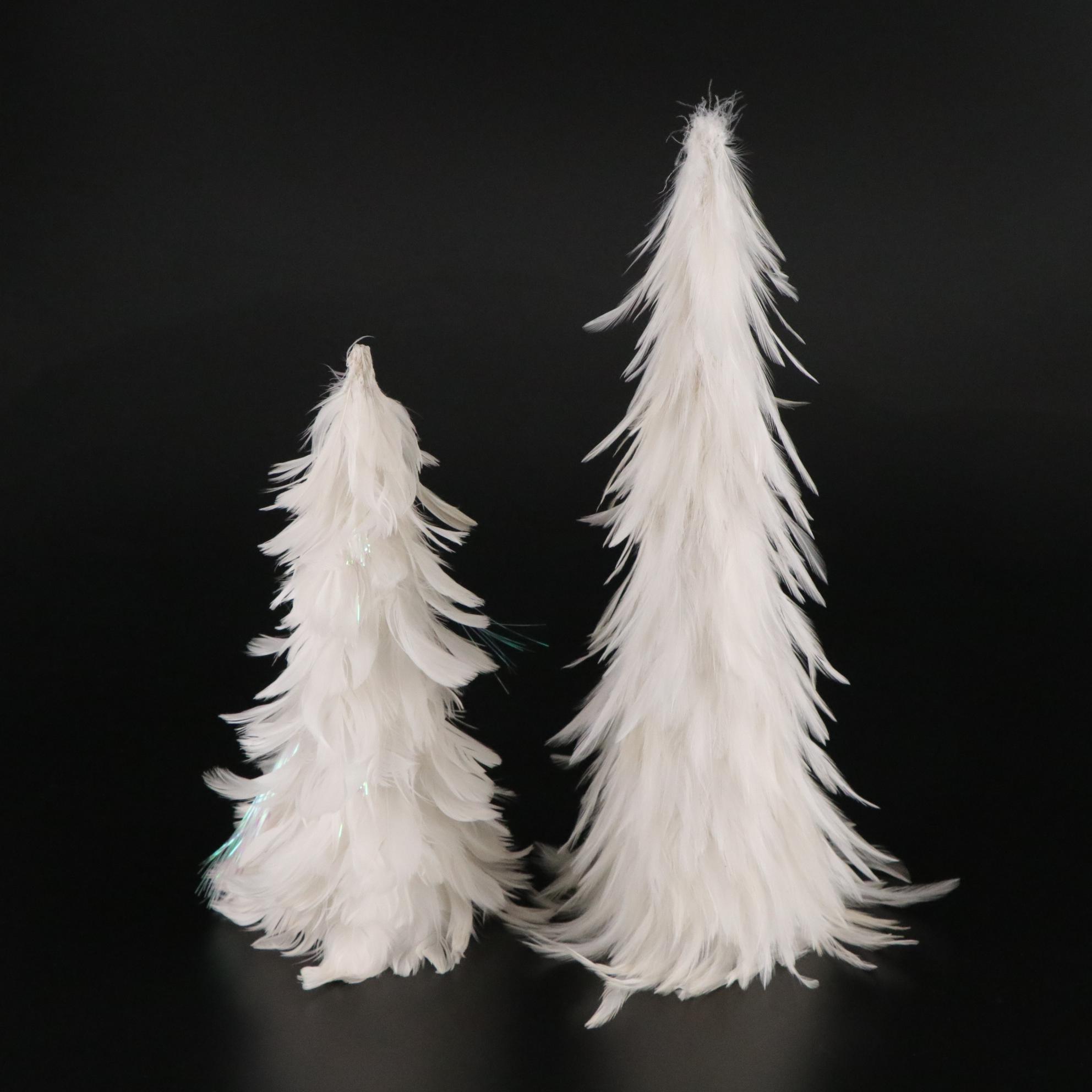 White Feather Tabletop Christmas Trees with Iridescent and Silver Ornaments