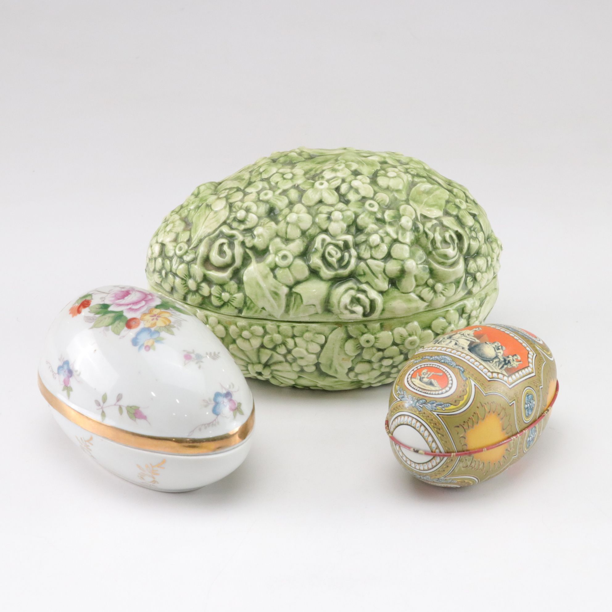Ceramic and Porcelain Eggs with Tin Souvenir Egg in Faberge Pattern