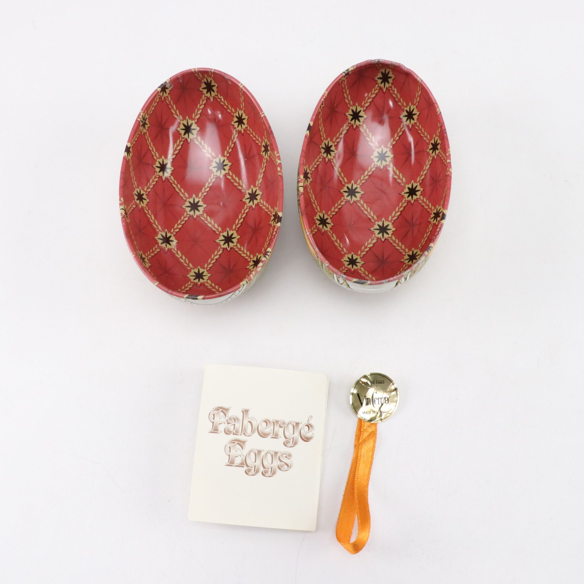Ceramic and Porcelain Eggs with Tin Souvenir Egg in Faberge Pattern