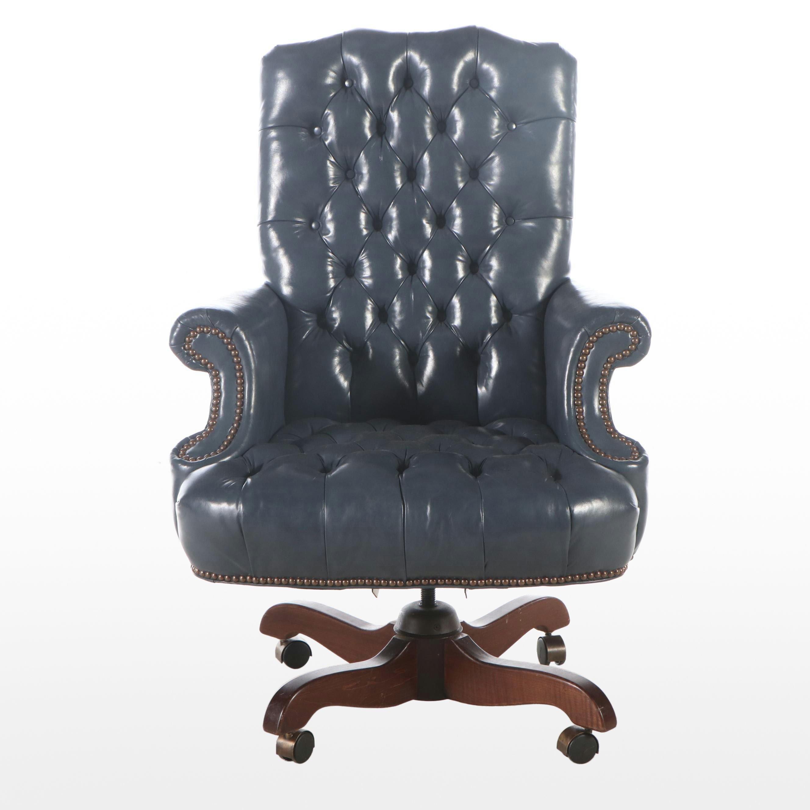 Chippendale Style Button-Tufted Blue Faux Leather Upholstered Office Chair
