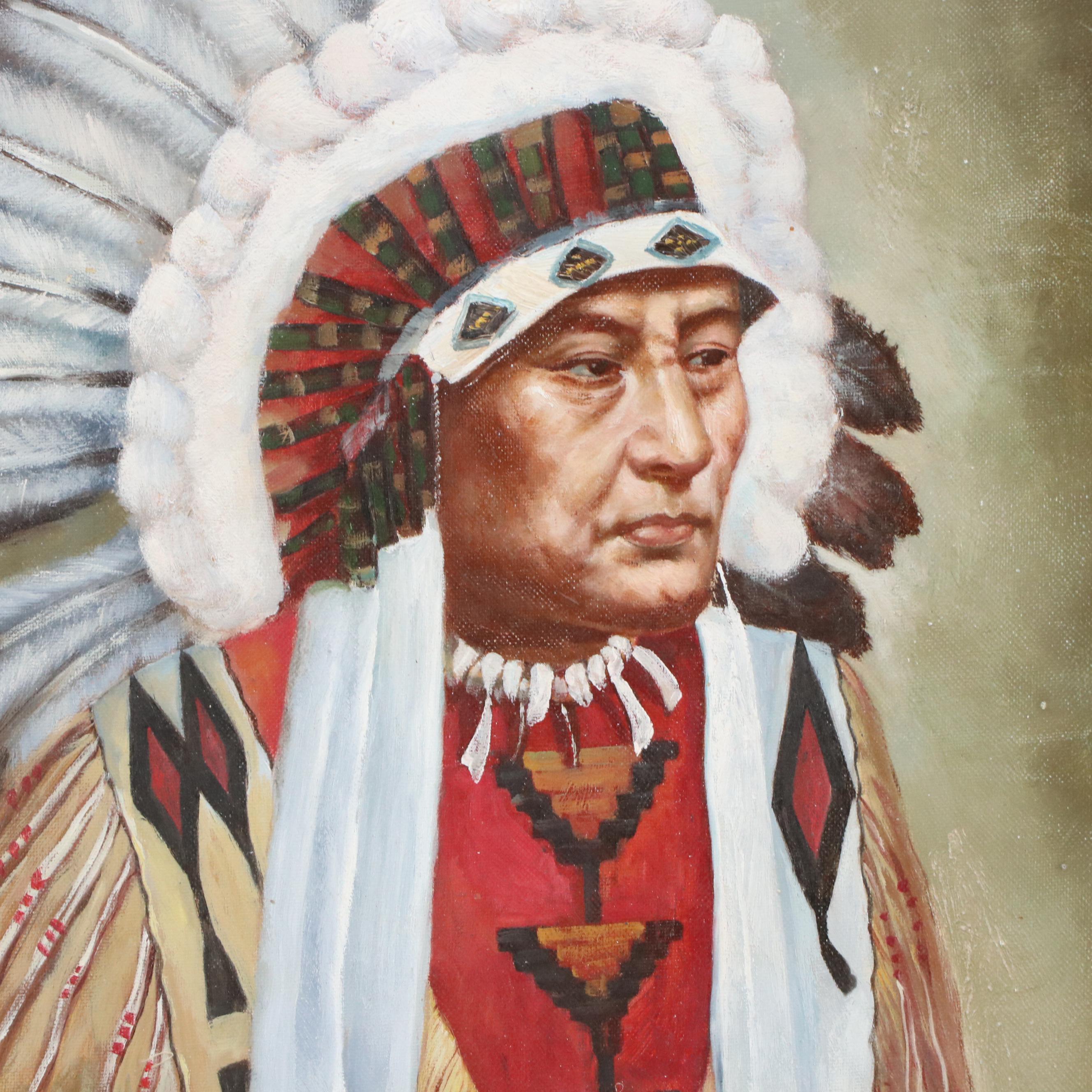 Oil Painting Portrait of Native American Elder, Late 20th Century