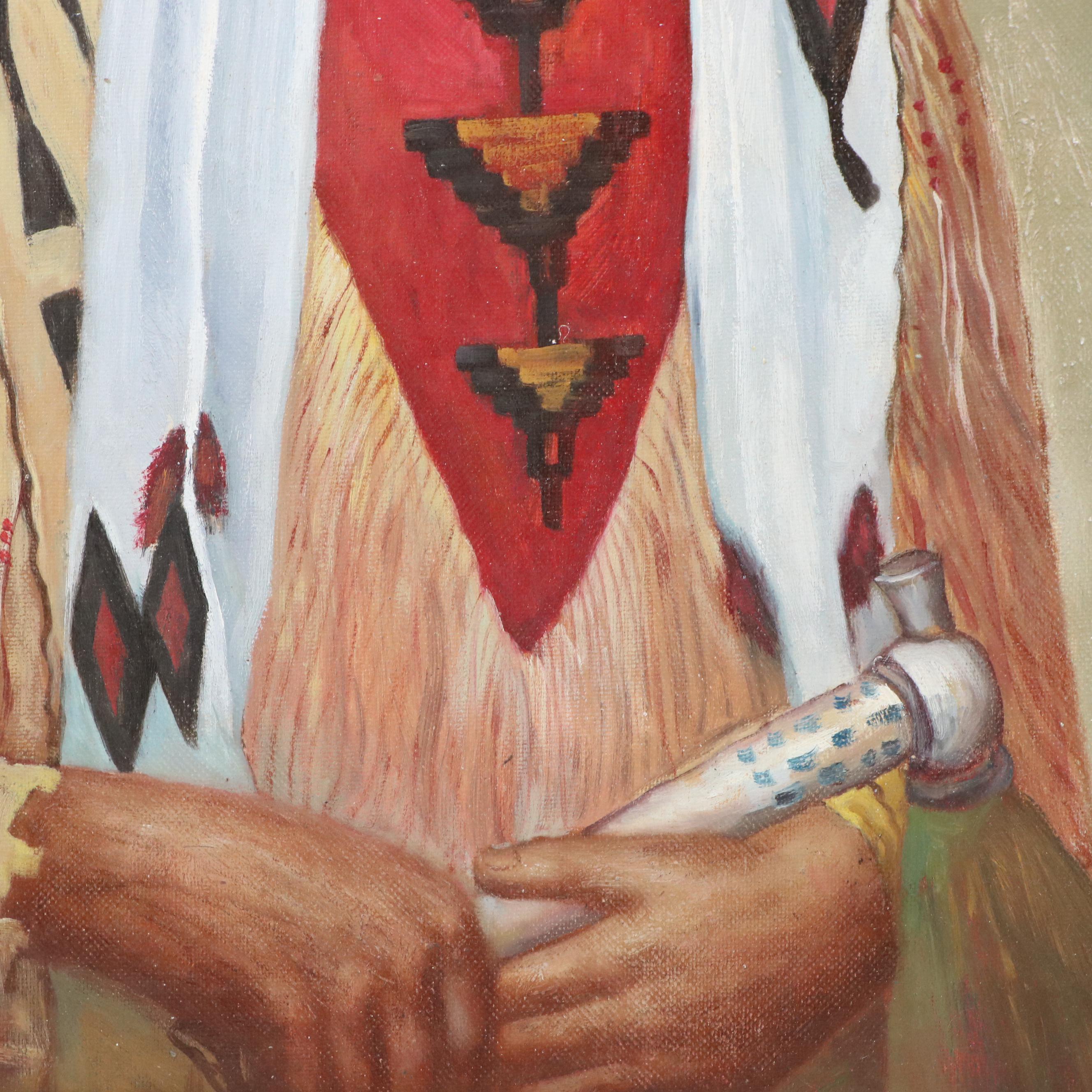 Oil Painting Portrait of Native American Elder, Late 20th Century