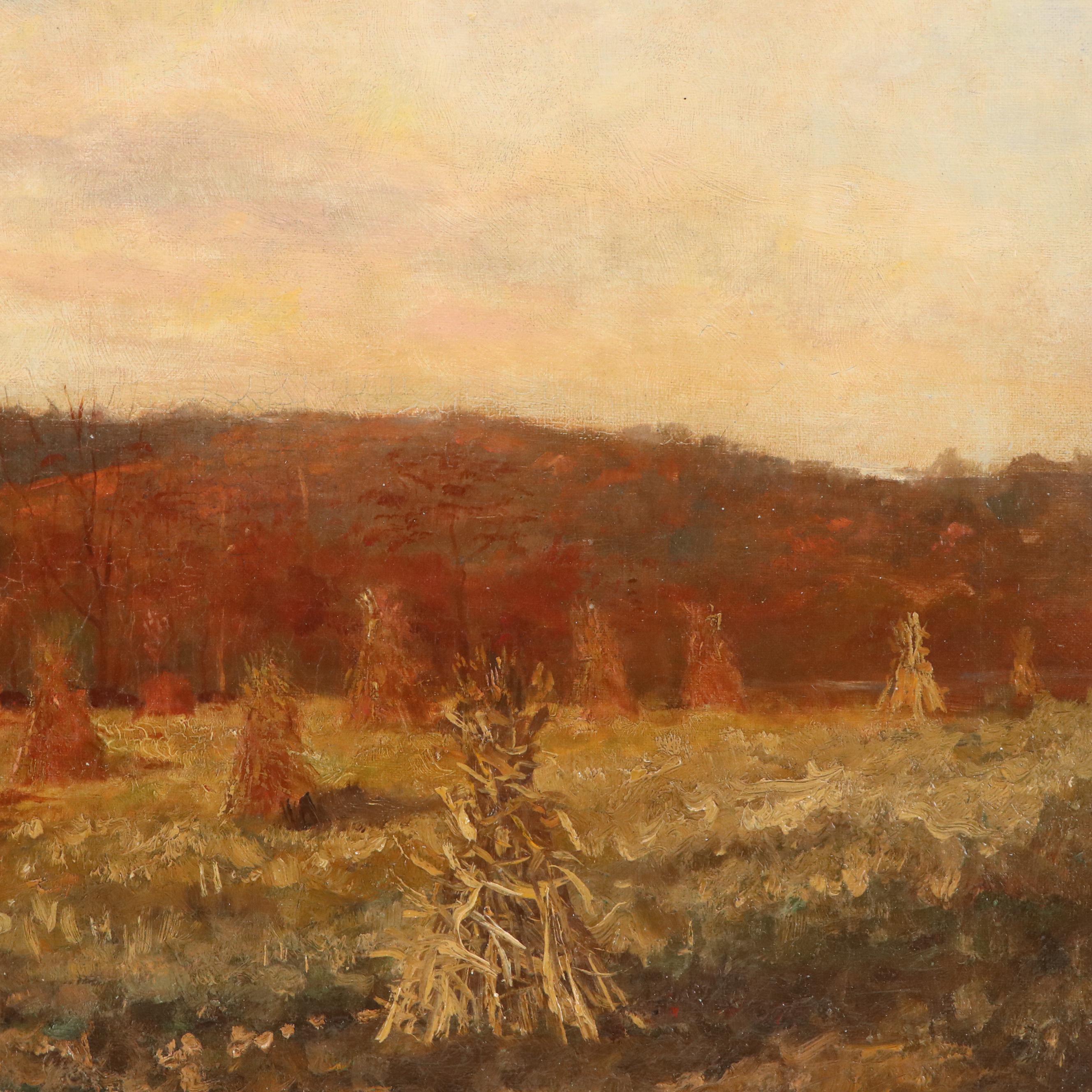 John I. Coggeshall Landscape Oil Painting with Autumn Harvest Scene