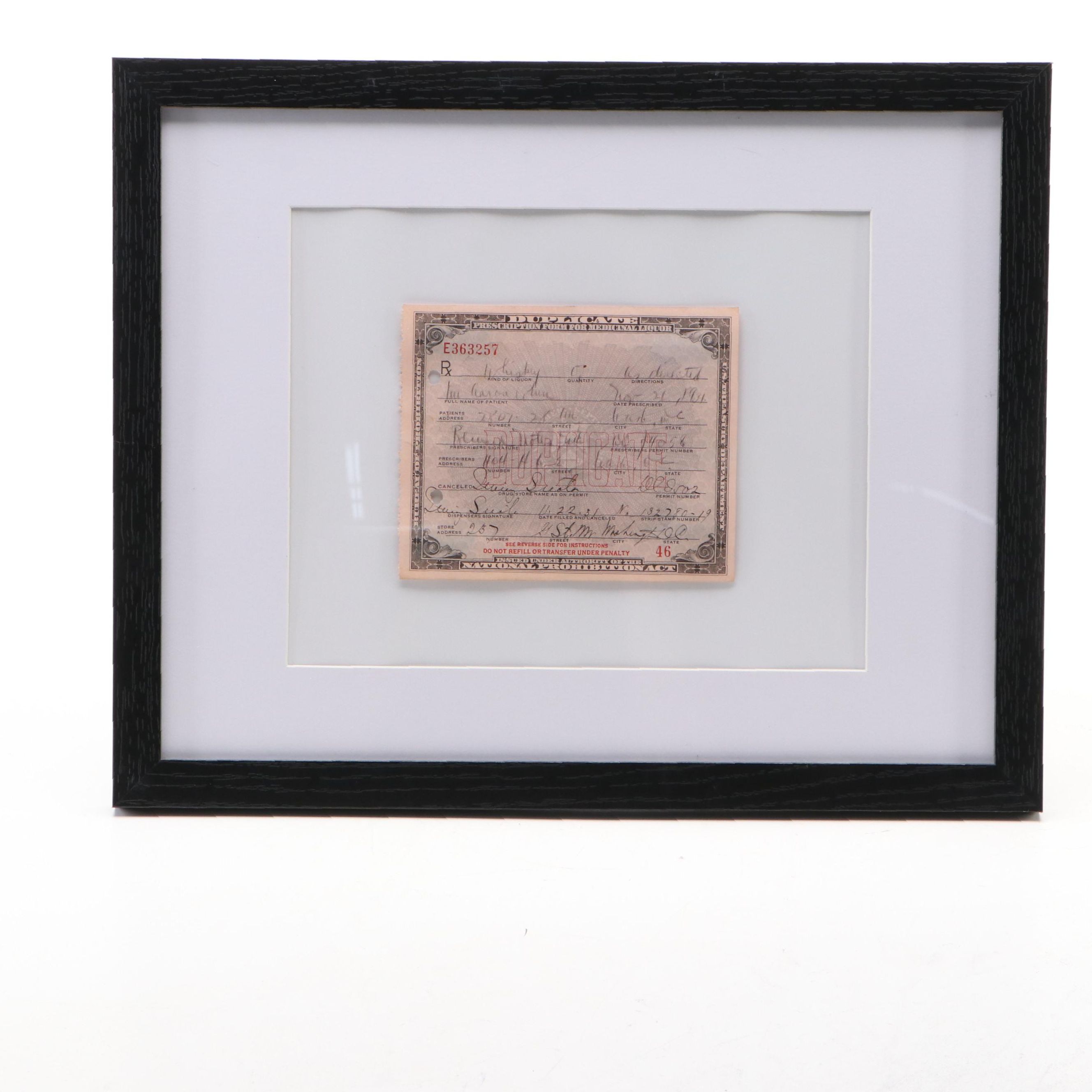 Prohibition Era Prescription Form for Whiskey, 1931