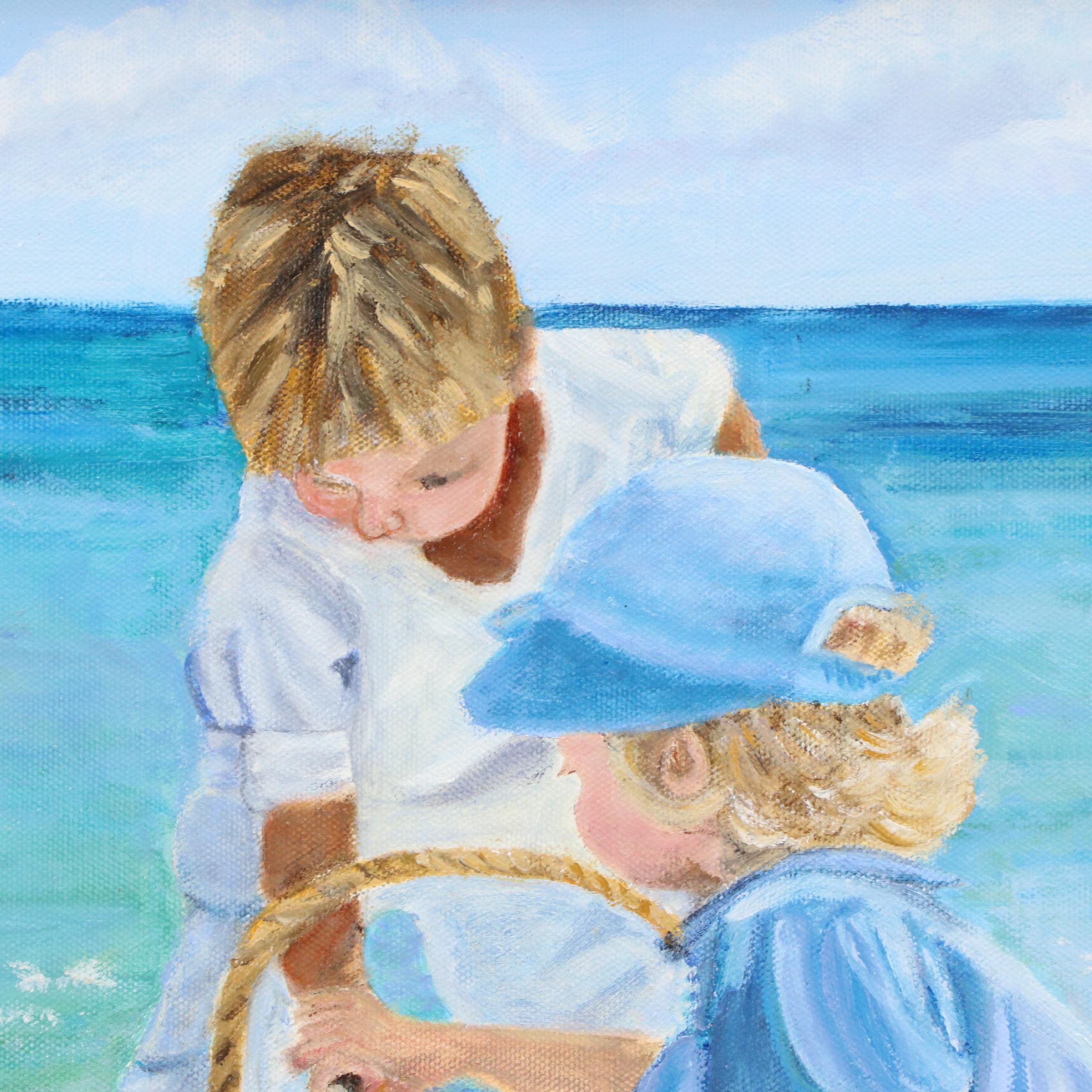 Beach Scene with Two Children Oil Painting, 2004