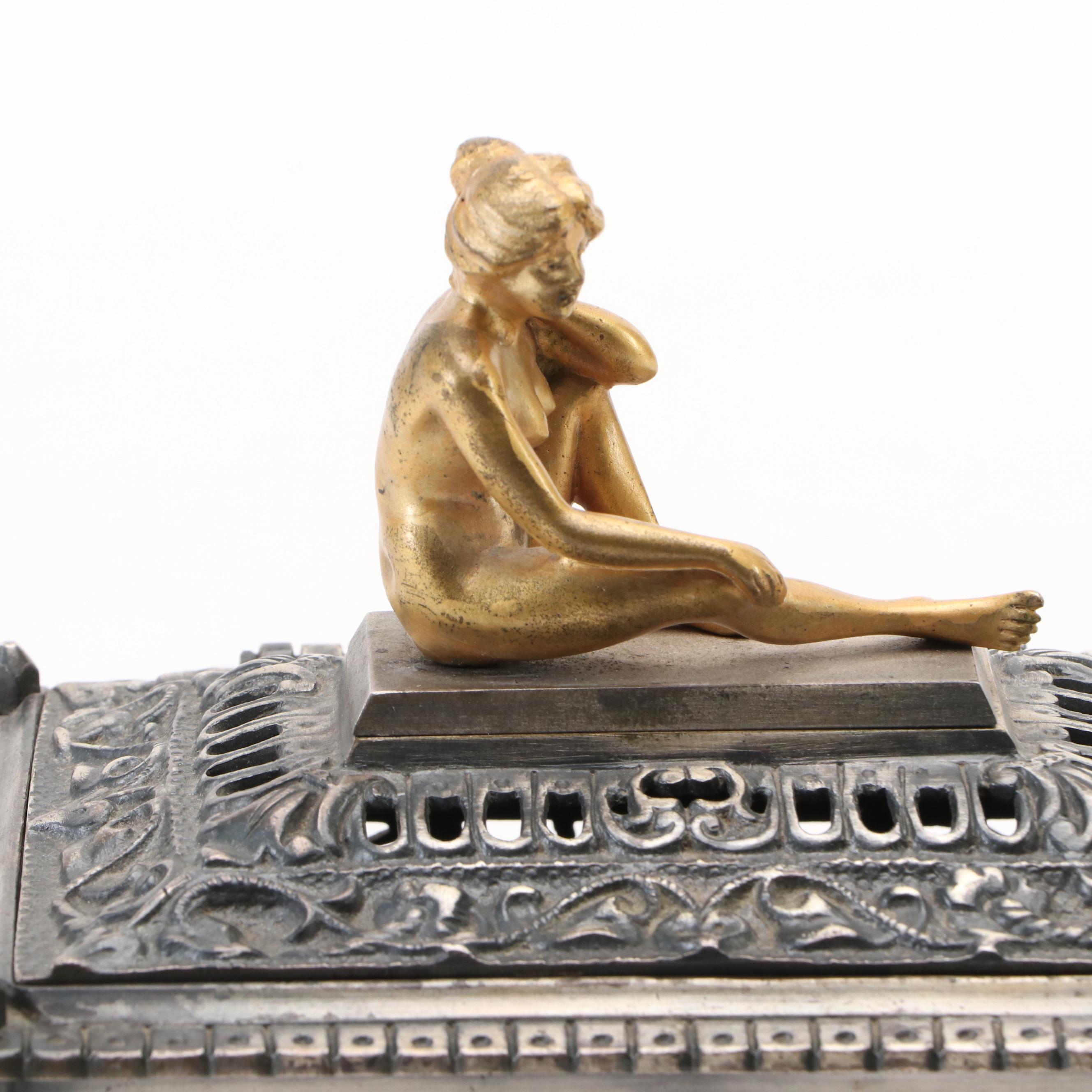 Continental Style Metal Lidded Box with Nude Figure