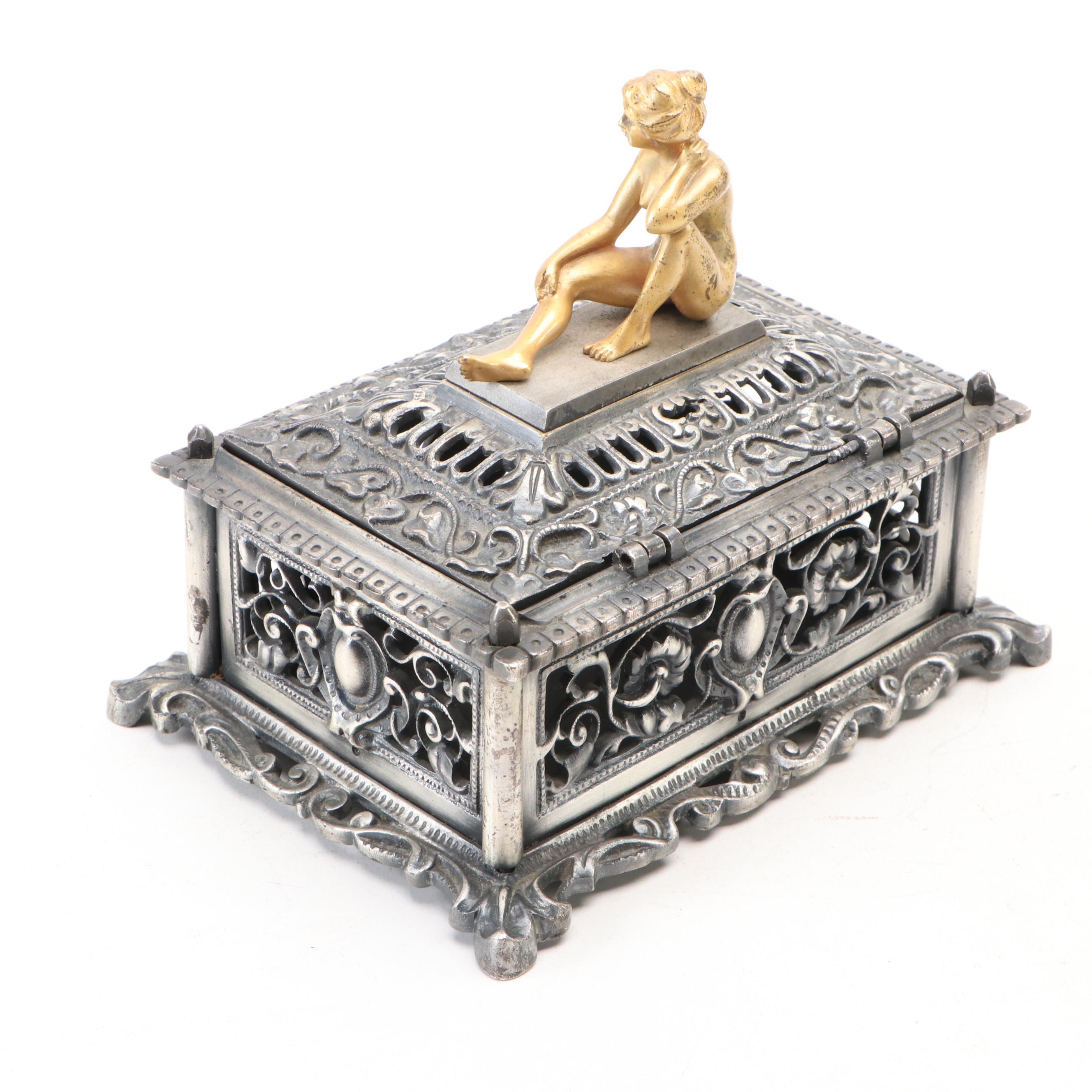 Continental Style Metal Lidded Box with Nude Figure
