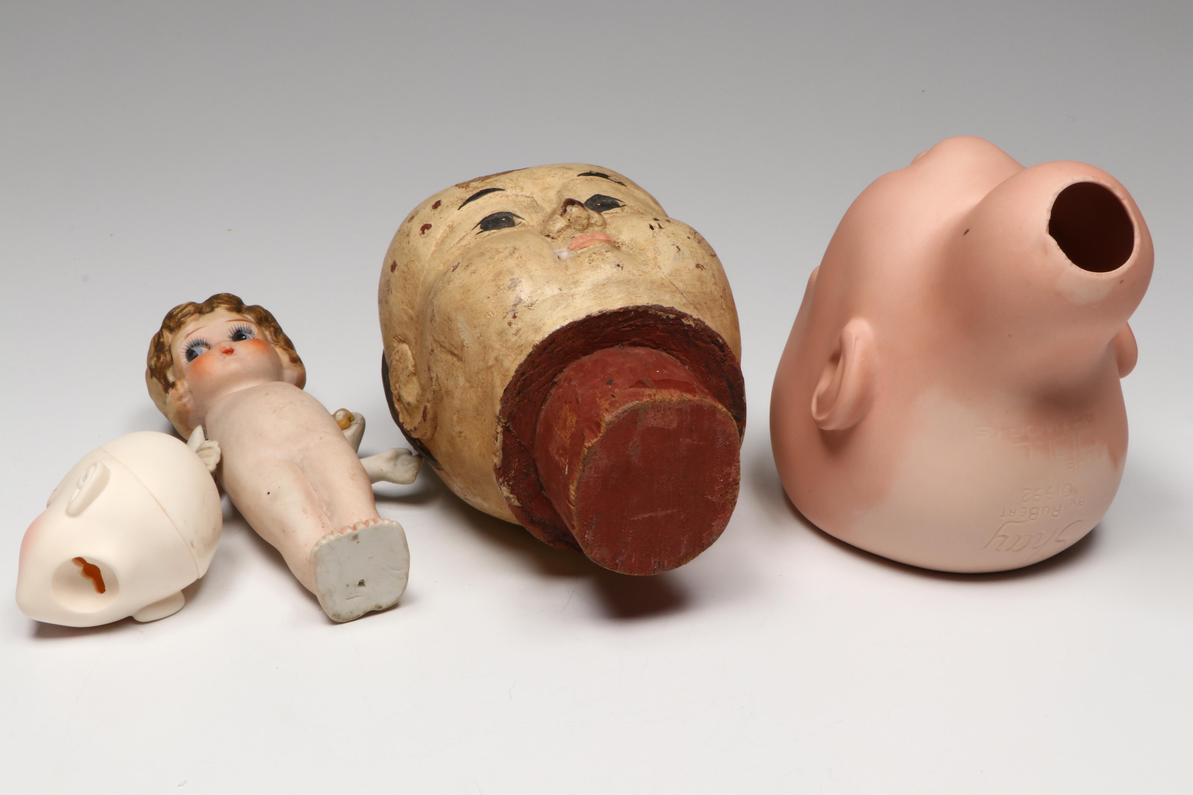 Japanese Polychrome Wood Gosho with Other Heads and All Bisque Googly Eye Doll