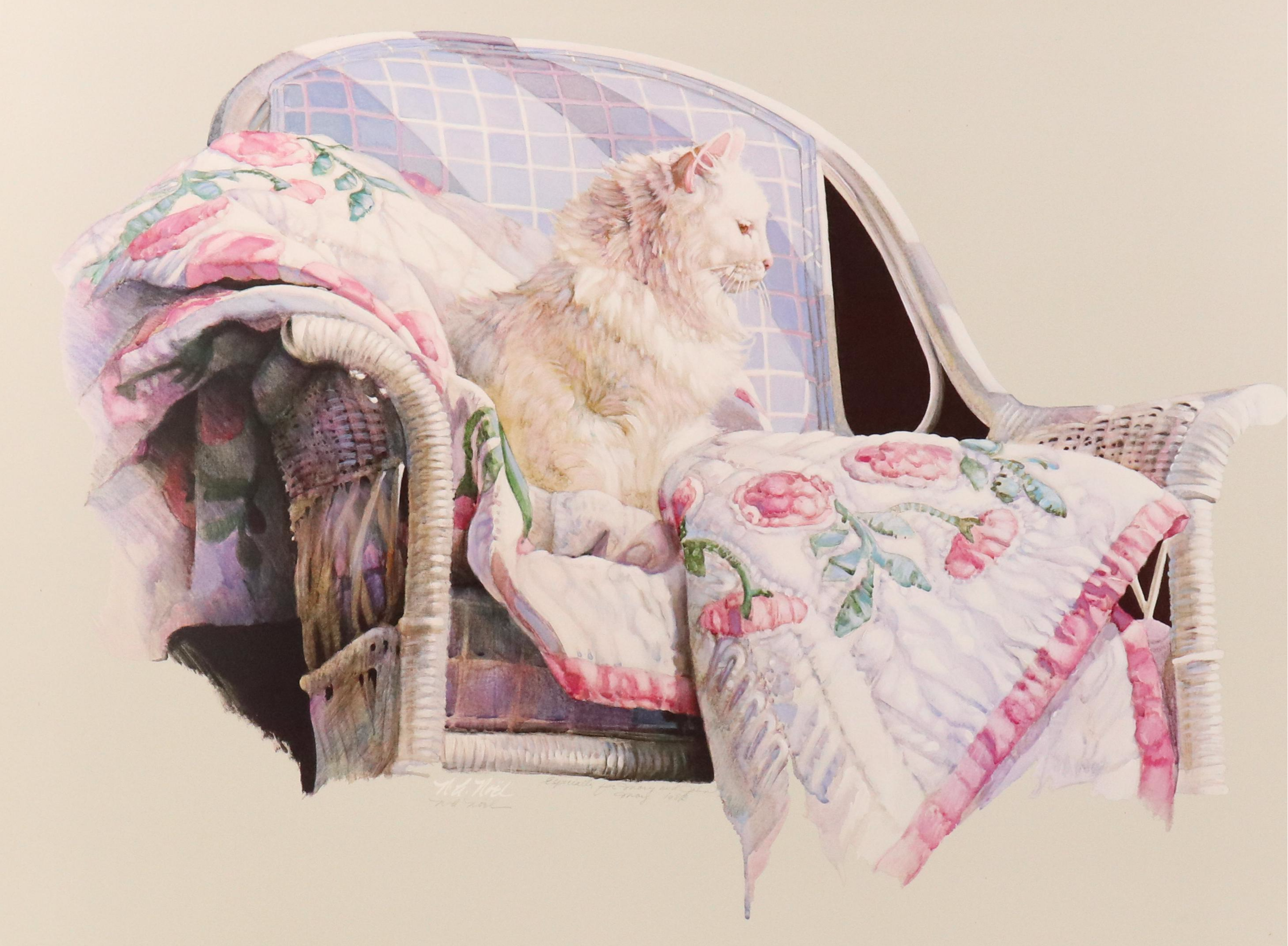 Nancy A. Noël Offset Lithograph of White Cat on Quilt, 1983