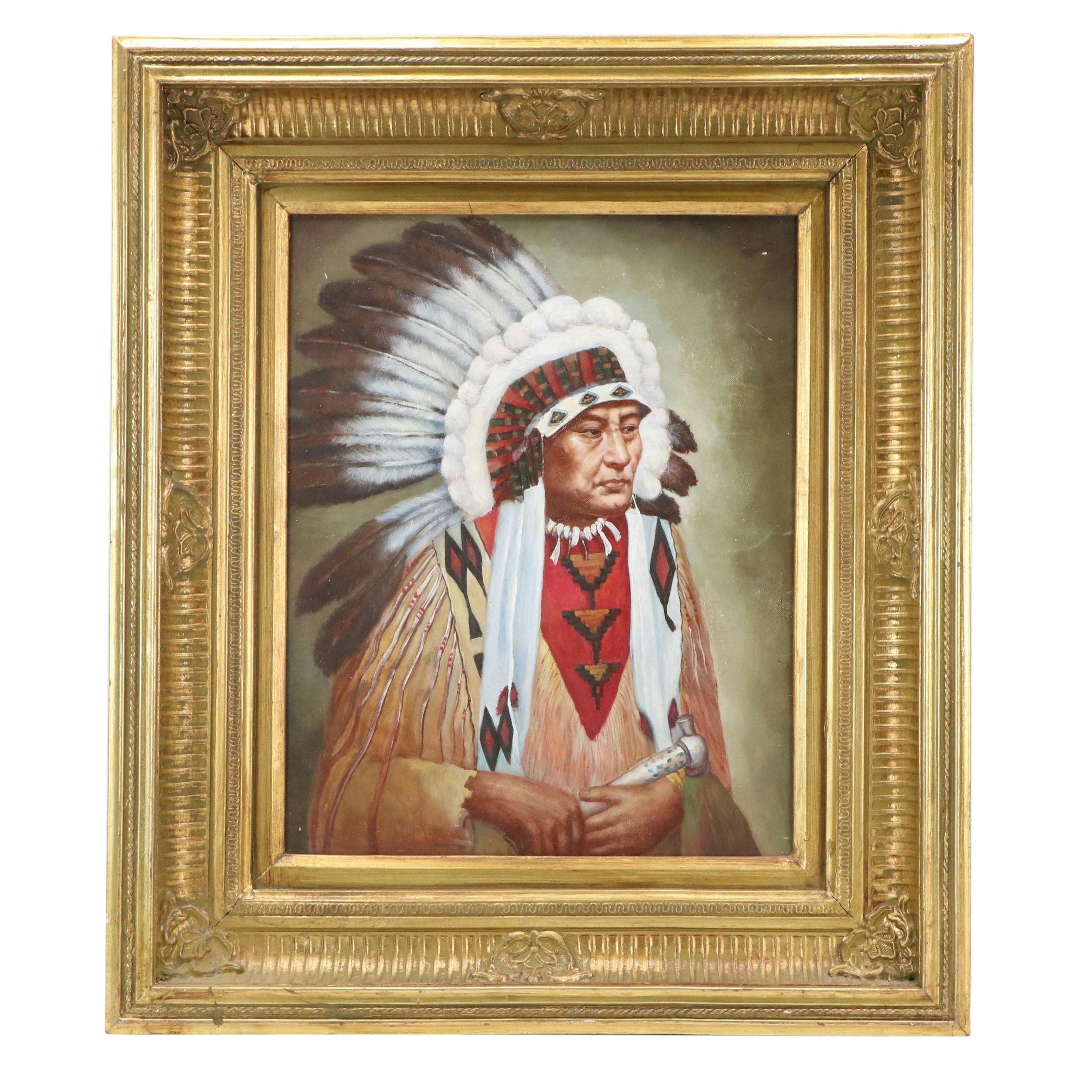 Oil Painting Portrait of Native American Elder, Late 20th Century
