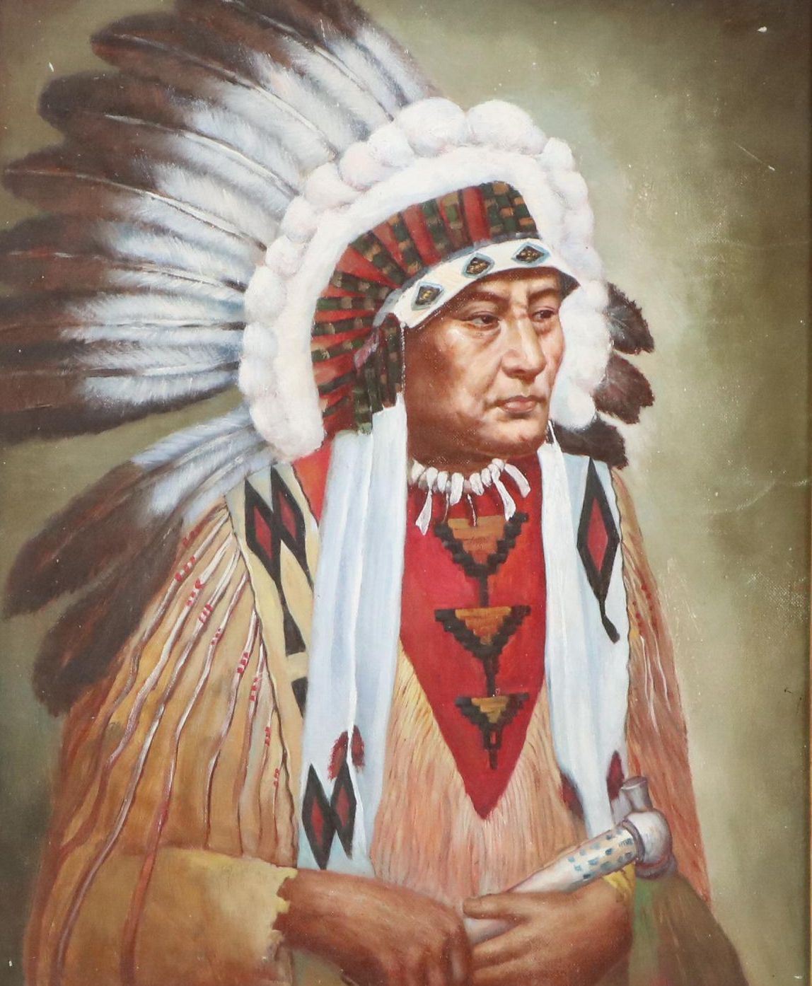 Oil Painting Portrait of Native American Elder, Late 20th Century
