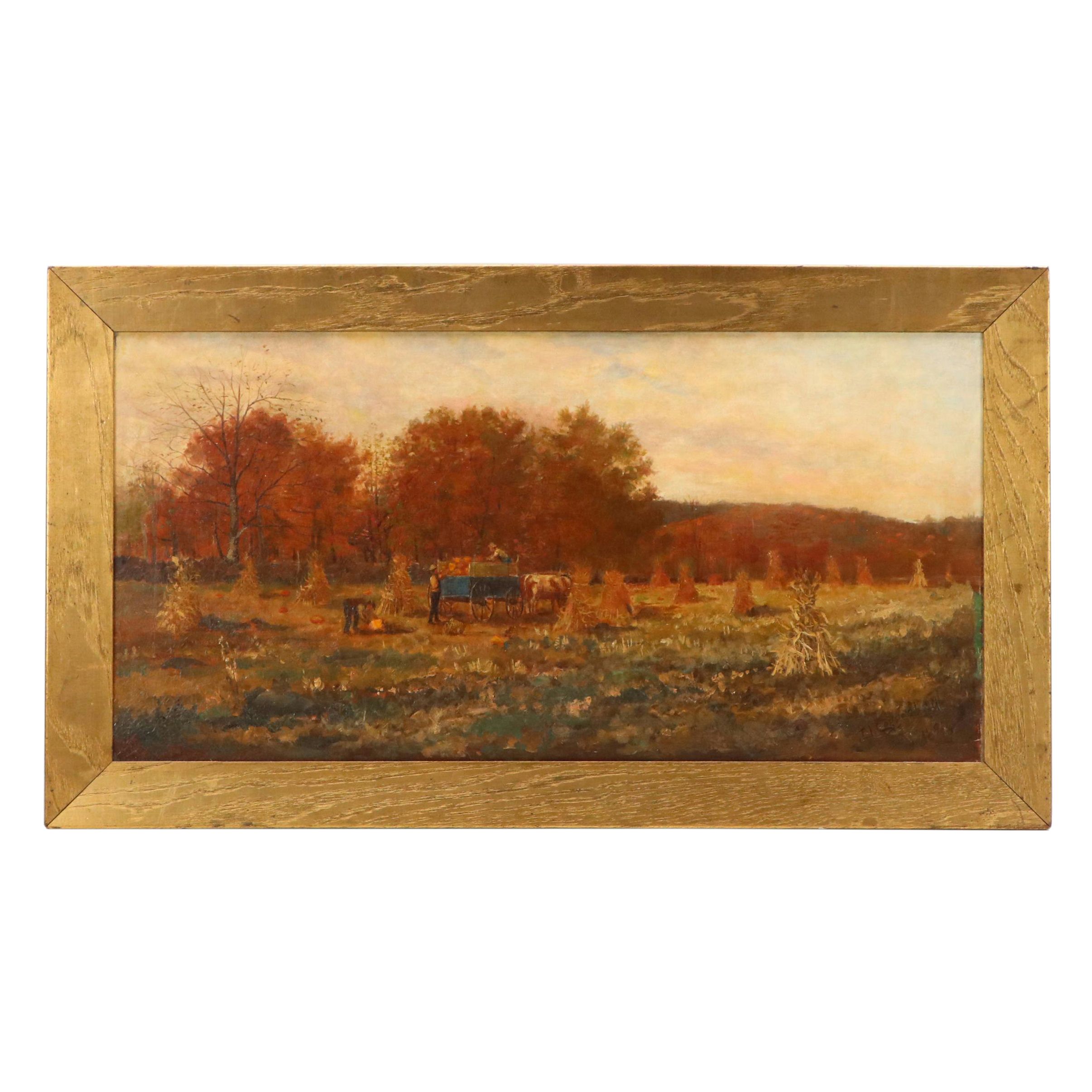 John I. Coggeshall Landscape Oil Painting with Autumn Harvest Scene