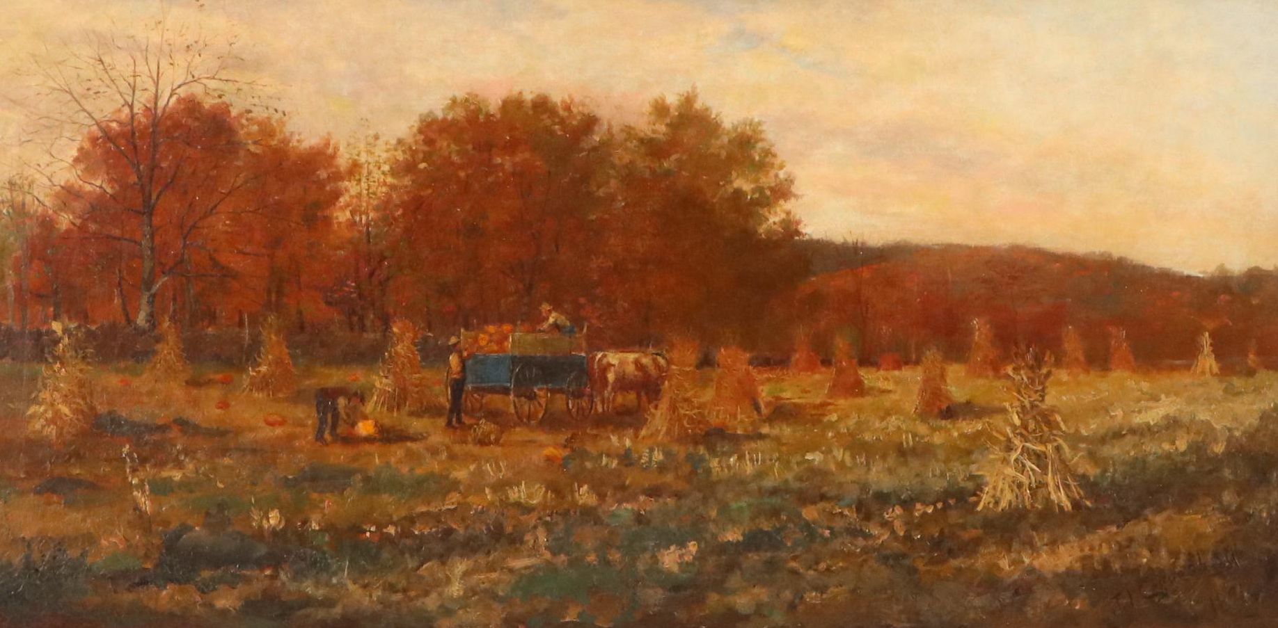 John I. Coggeshall Landscape Oil Painting with Autumn Harvest Scene