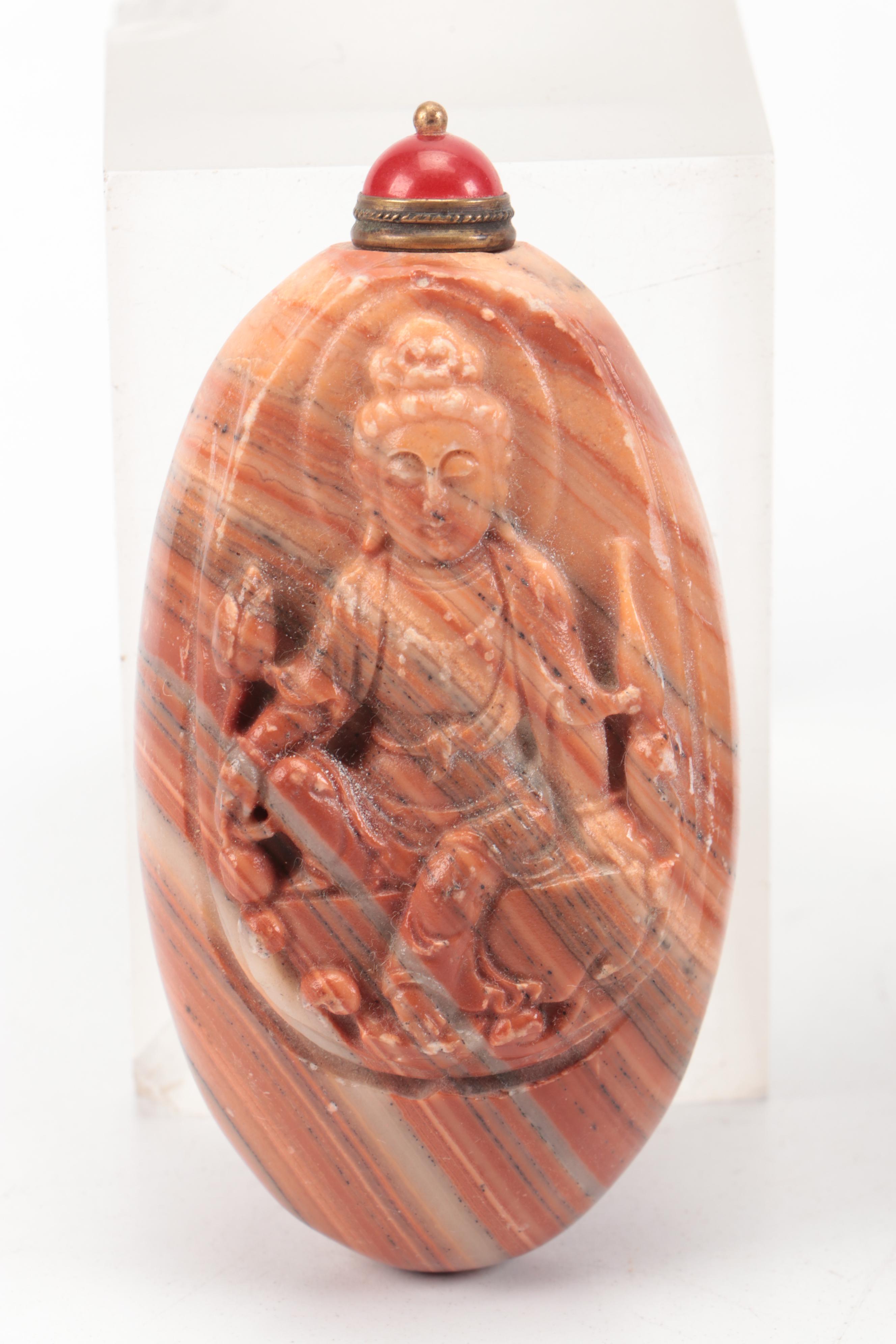 Chinese Carved Immortal Figure with Hindu Devi Goddess and Calcite Snuff Bottle