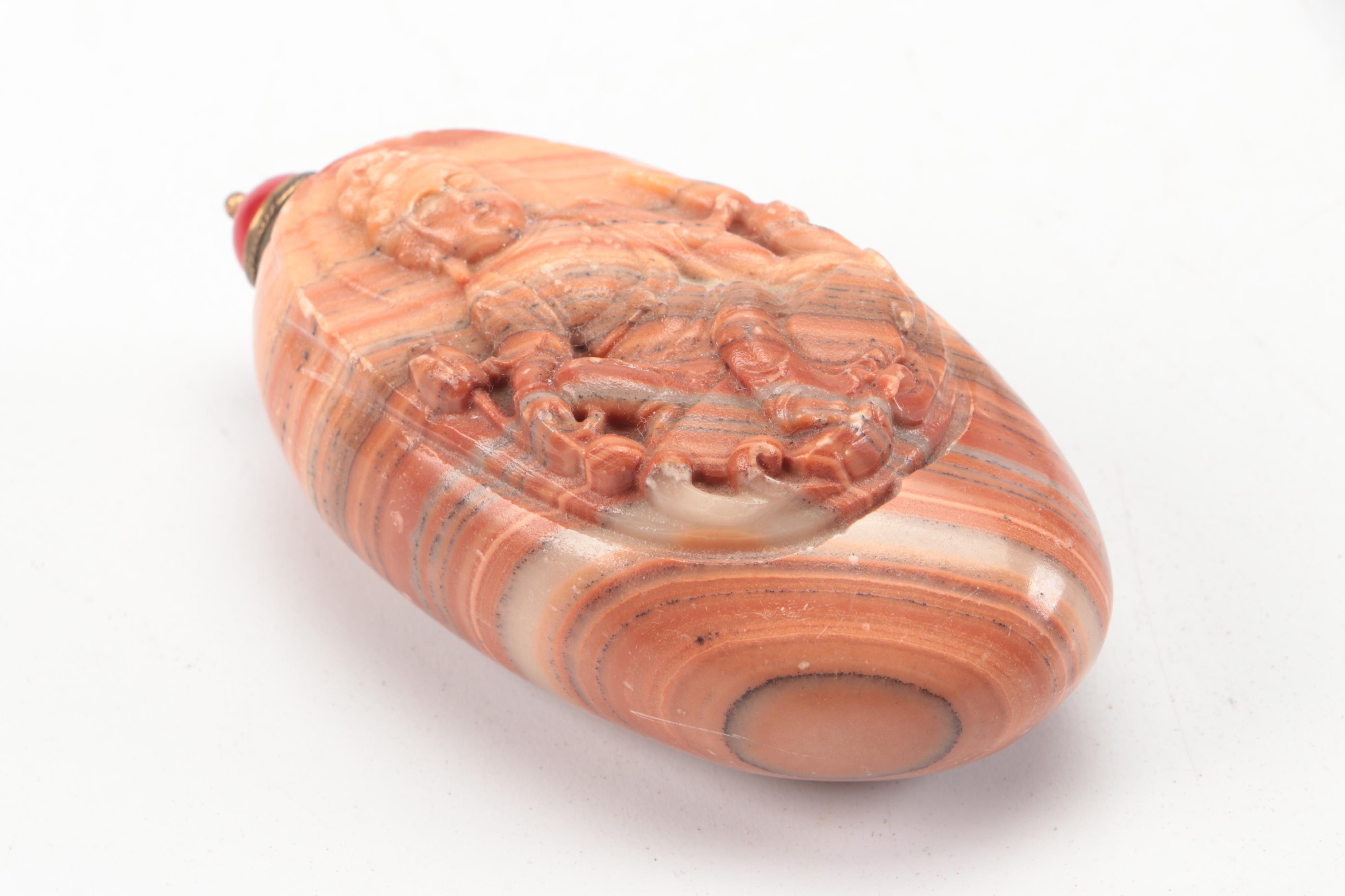 Chinese Carved Immortal Figure with Hindu Devi Goddess and Calcite Snuff Bottle