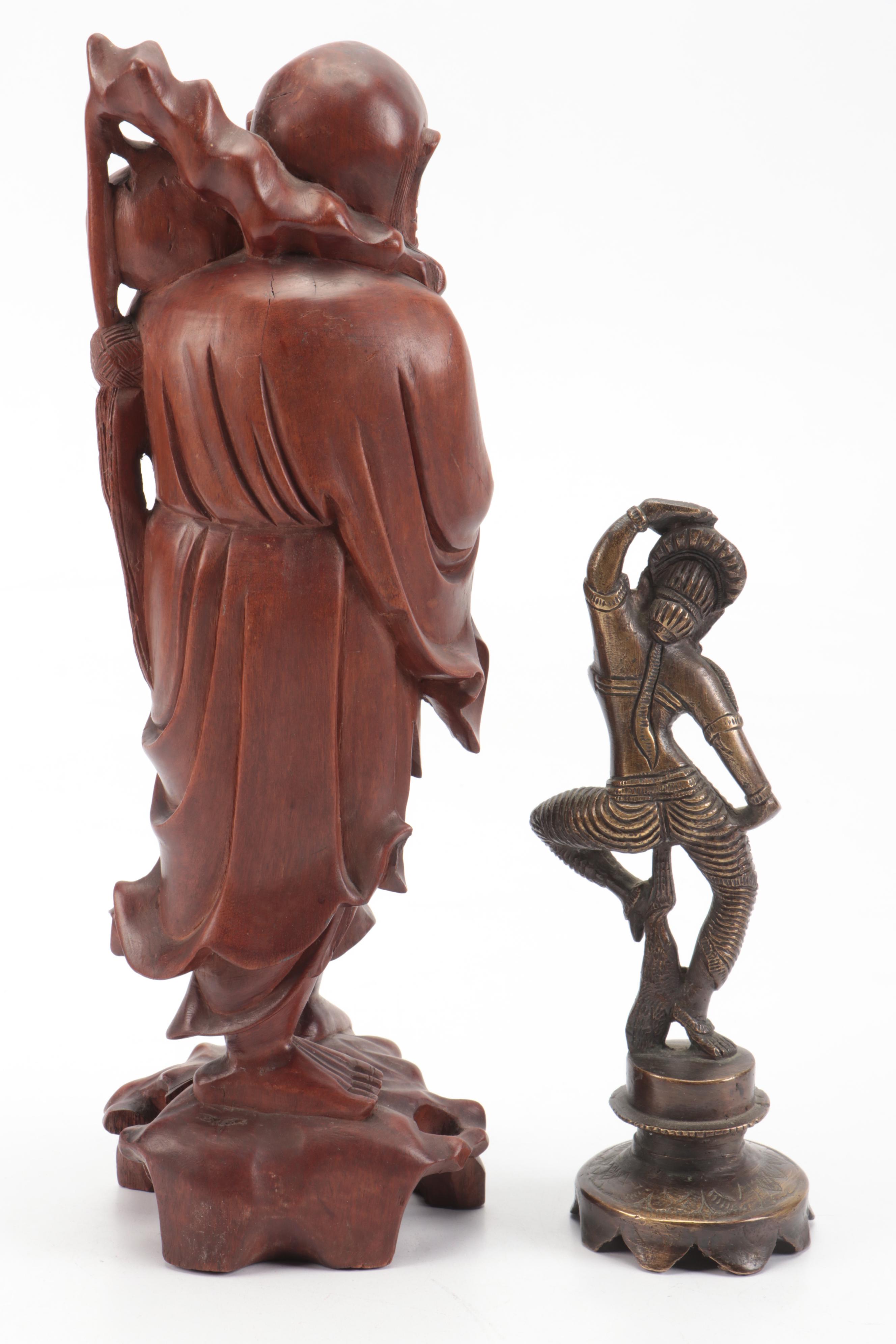 Chinese Carved Immortal Figure with Hindu Devi Goddess and Calcite Snuff Bottle