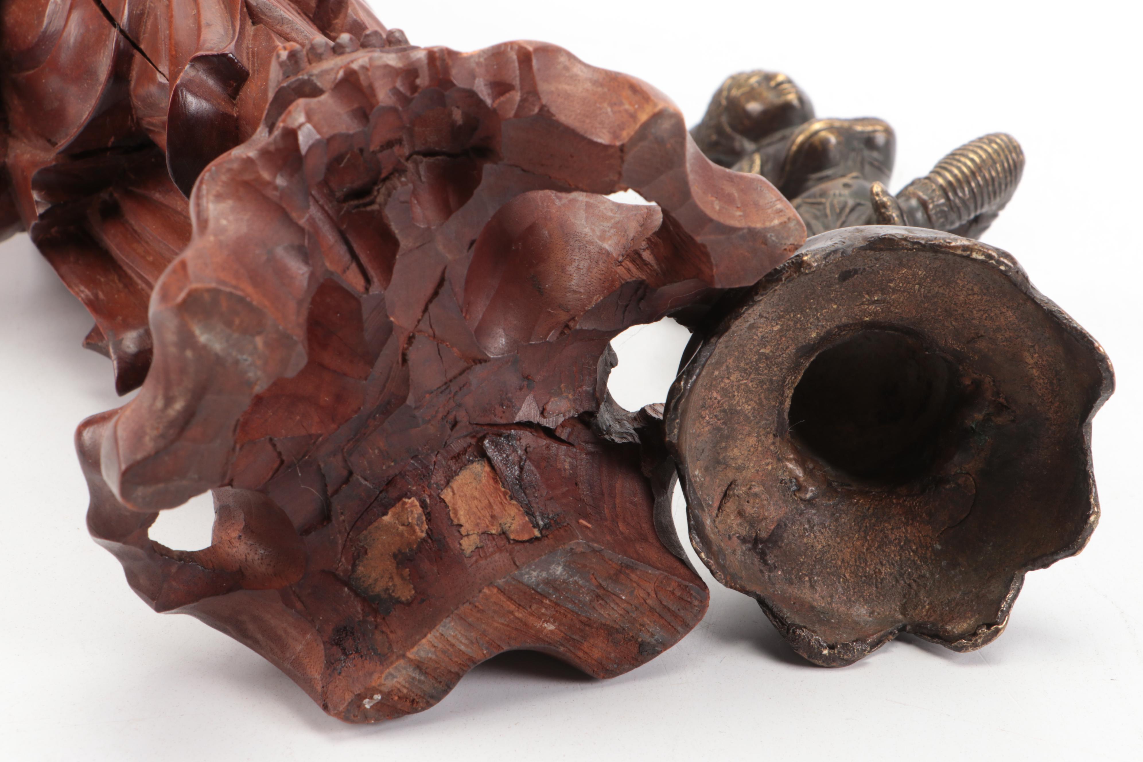 Chinese Carved Immortal Figure with Hindu Devi Goddess and Calcite Snuff Bottle