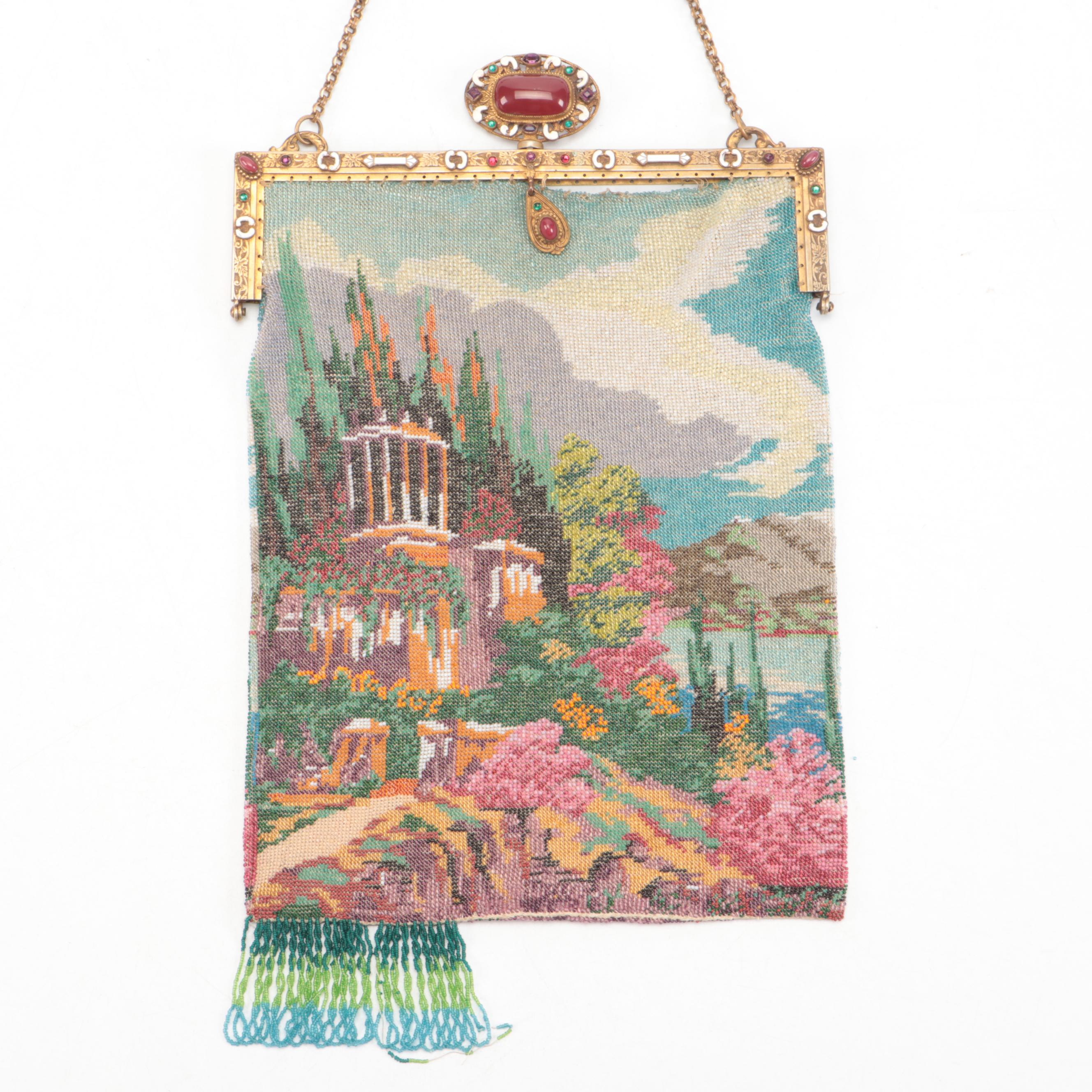 Neoclassical Glass Bead Garden Mosaic Evening Purse with Enameled Frame