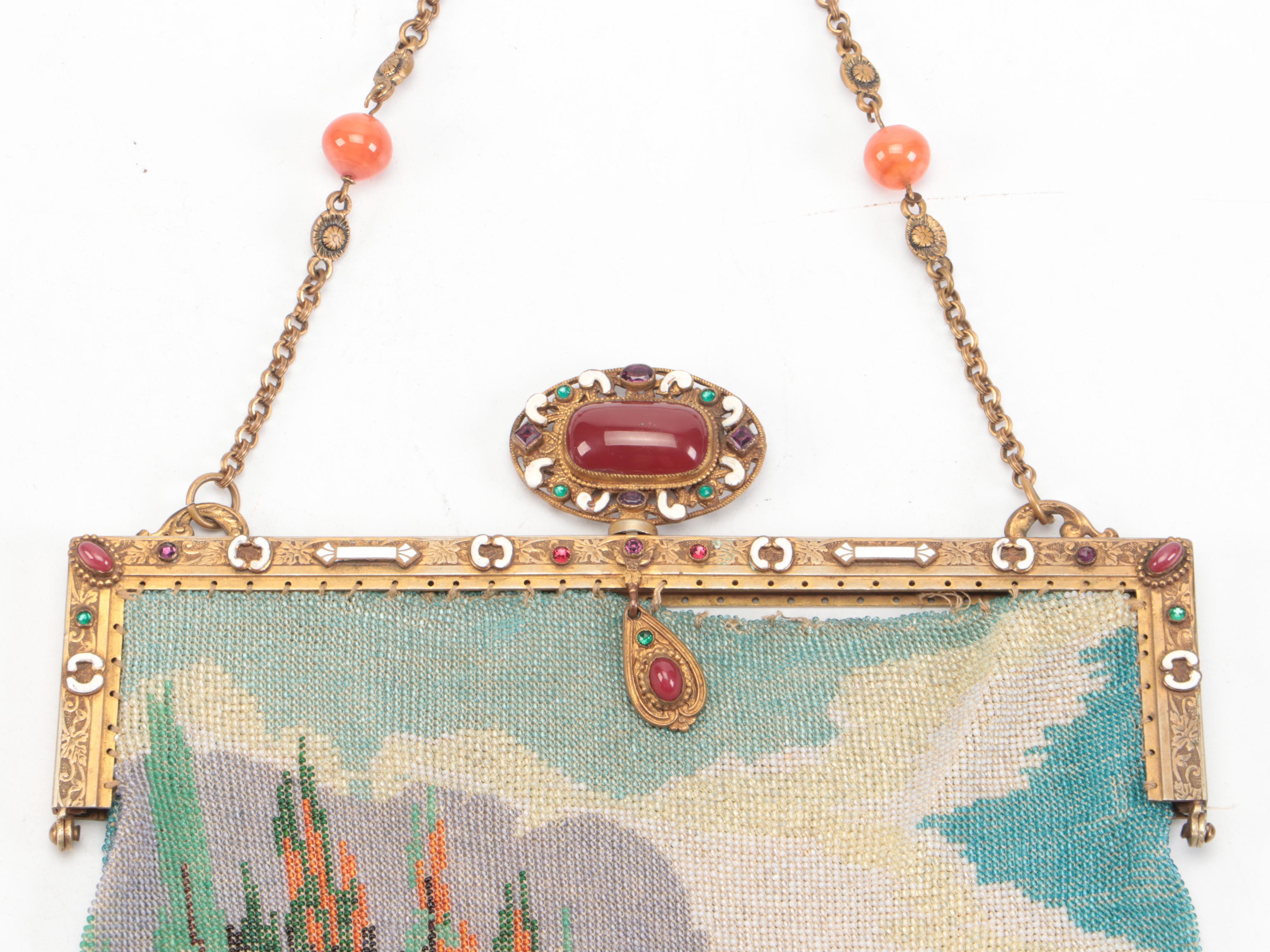 Neoclassical Glass Bead Garden Mosaic Evening Purse with Enameled Frame
