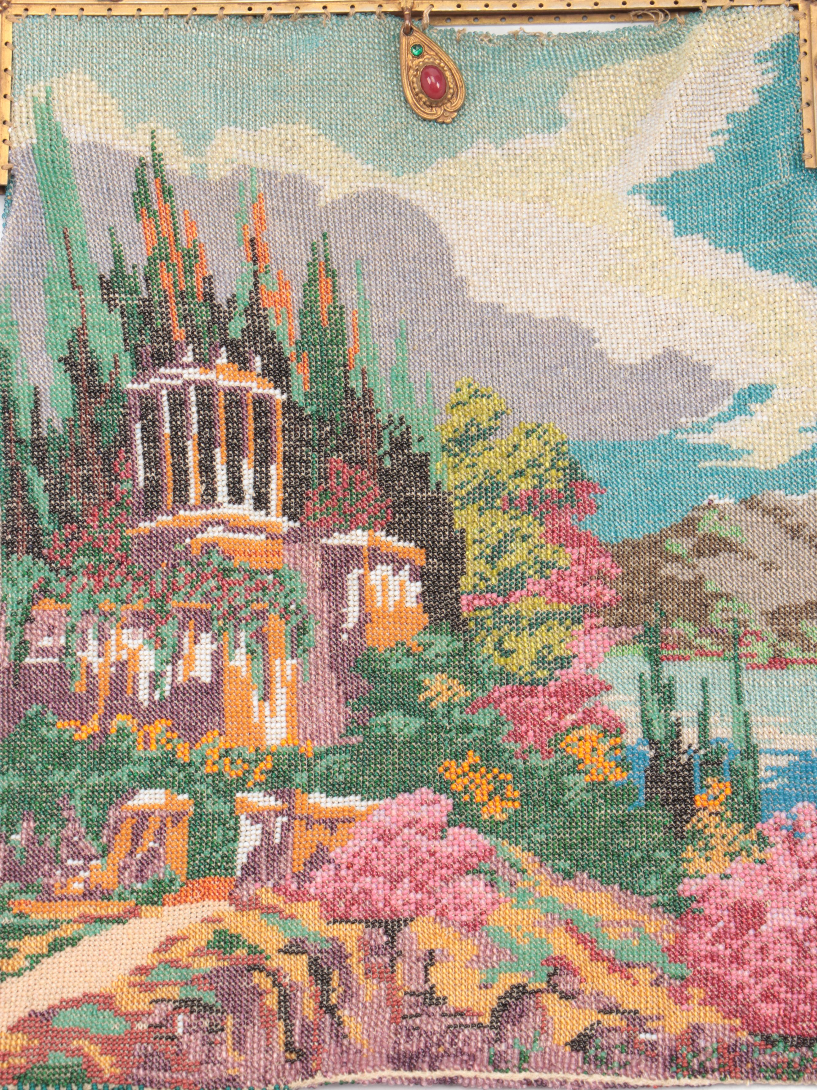 Neoclassical Glass Bead Garden Mosaic Evening Purse with Enameled Frame