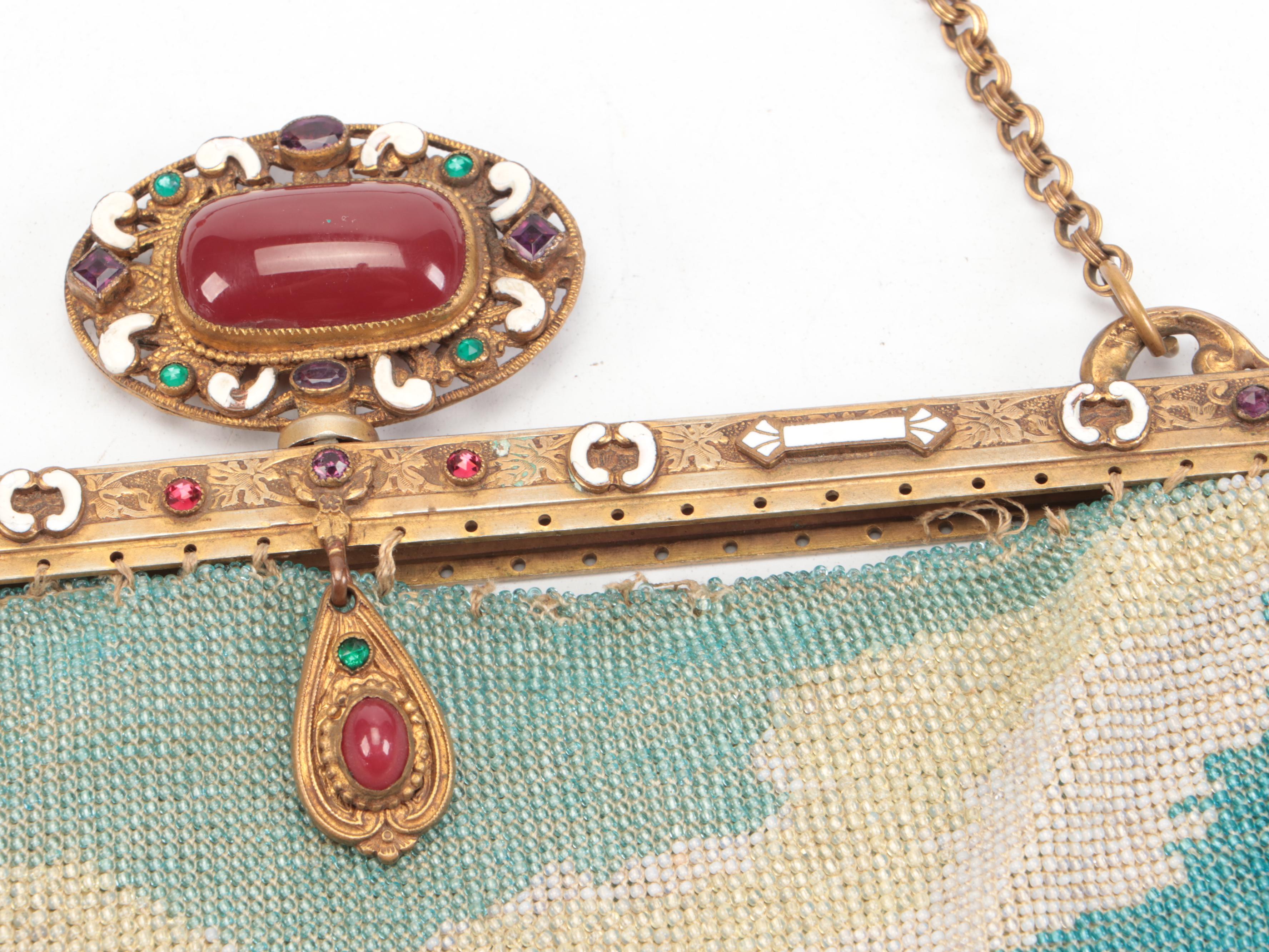 Neoclassical Glass Bead Garden Mosaic Evening Purse with Enameled Frame