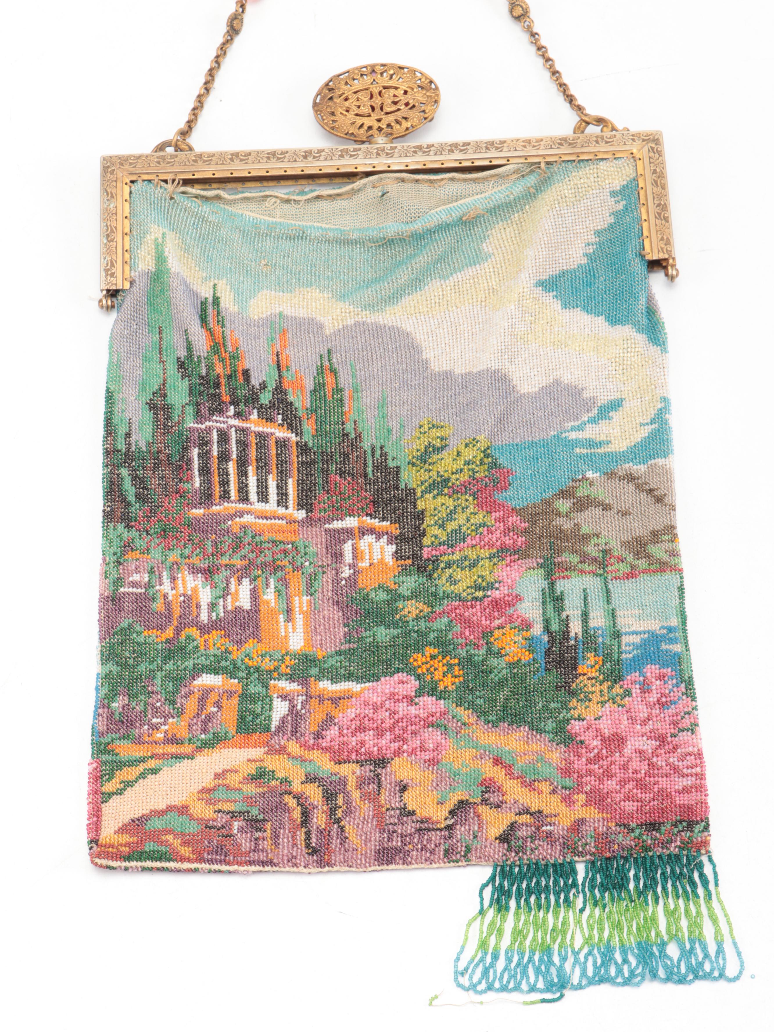 Neoclassical Glass Bead Garden Mosaic Evening Purse with Enameled Frame